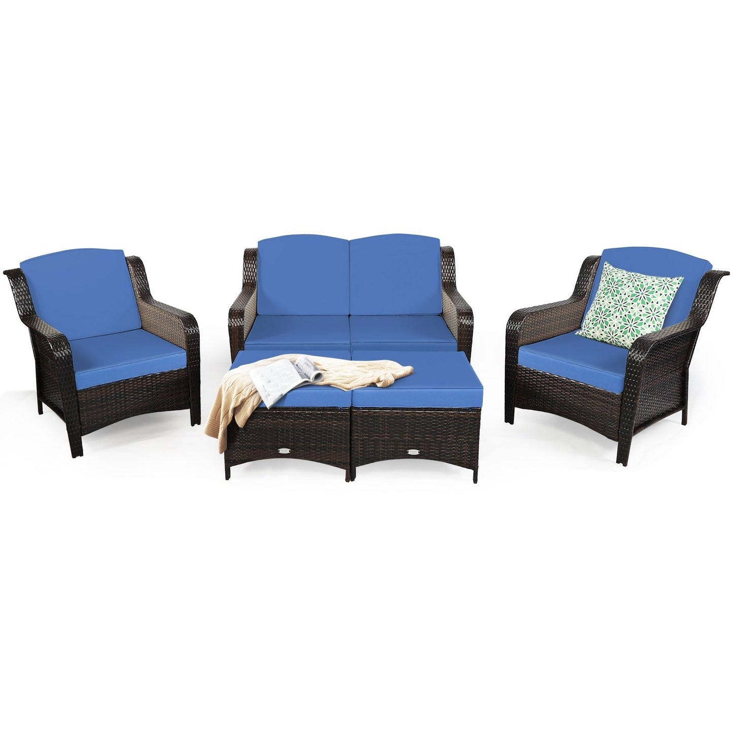 5 Pieces Patio Rattan Sofa Set with Cushion and Ottoman