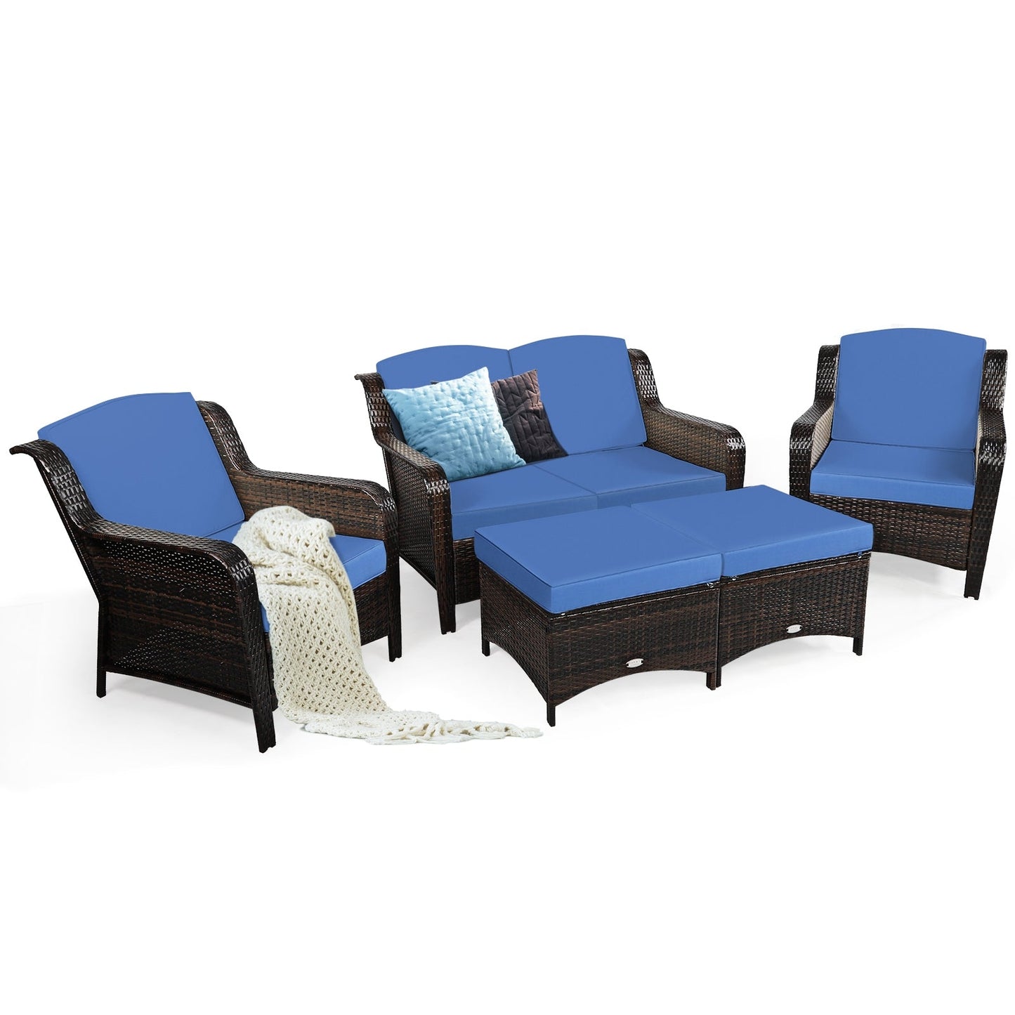 5 Pieces Patio Rattan Sofa Set with Cushion and Ottoman