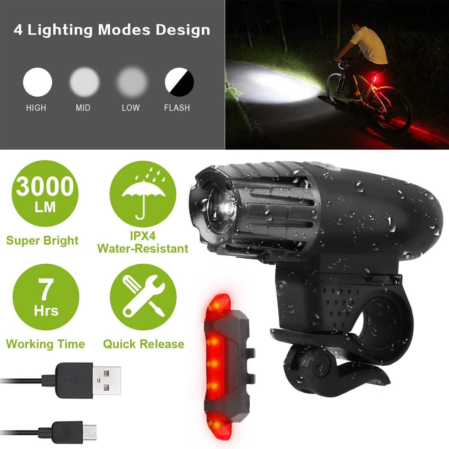 Lampe frontale de vélo iMounTEK résistante à l'eau IPX4 avec lampe LED d'avertissement/de sécurité arrière