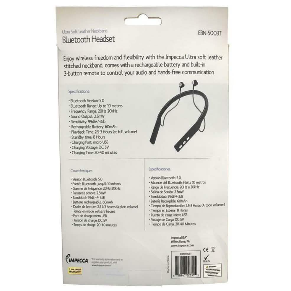 Écouteurs Stéréo Bluetooth en Cuir avec Tour de Cou IMPECCA EBN-500BT