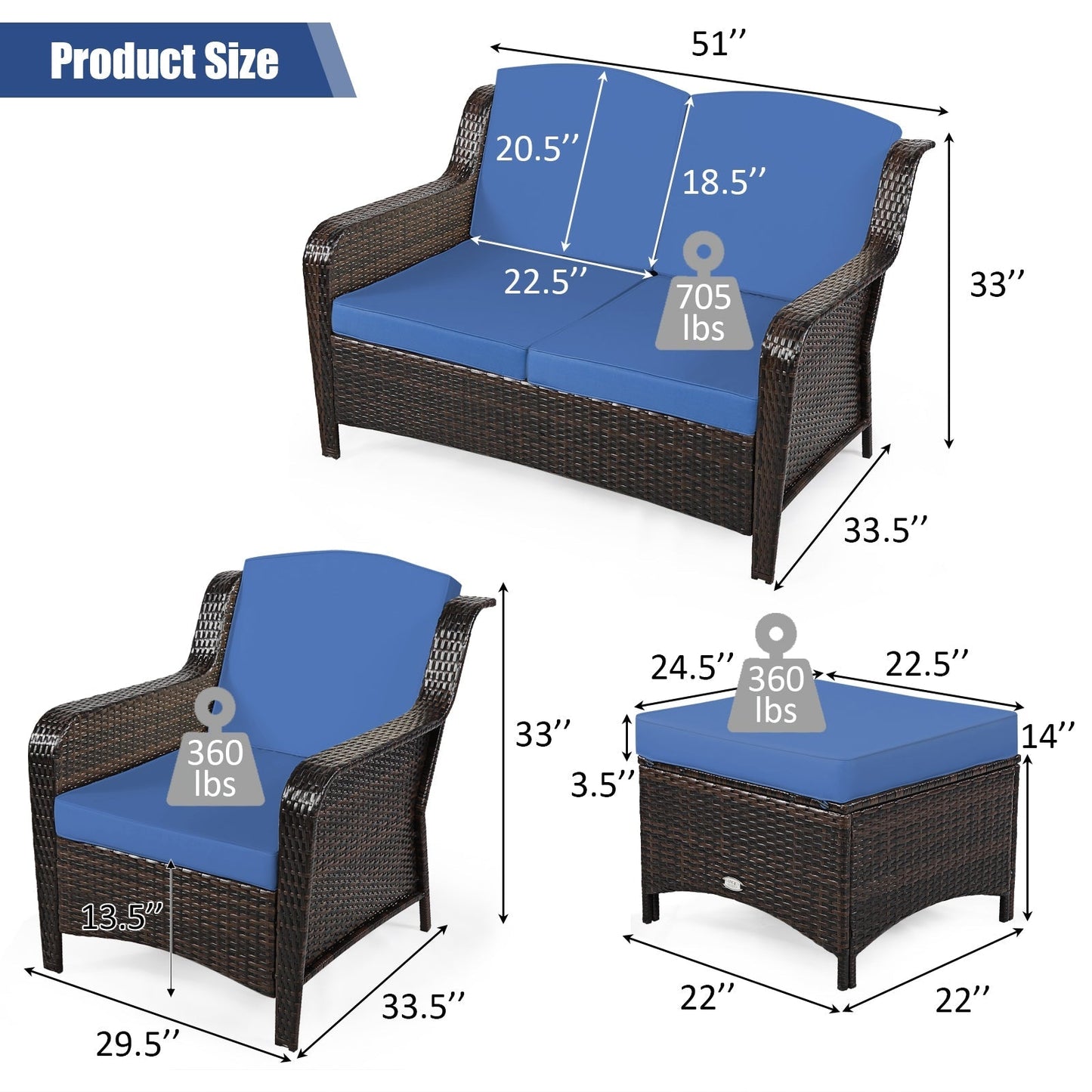 5 Pieces Patio Rattan Sofa Set with Cushion and Ottoman