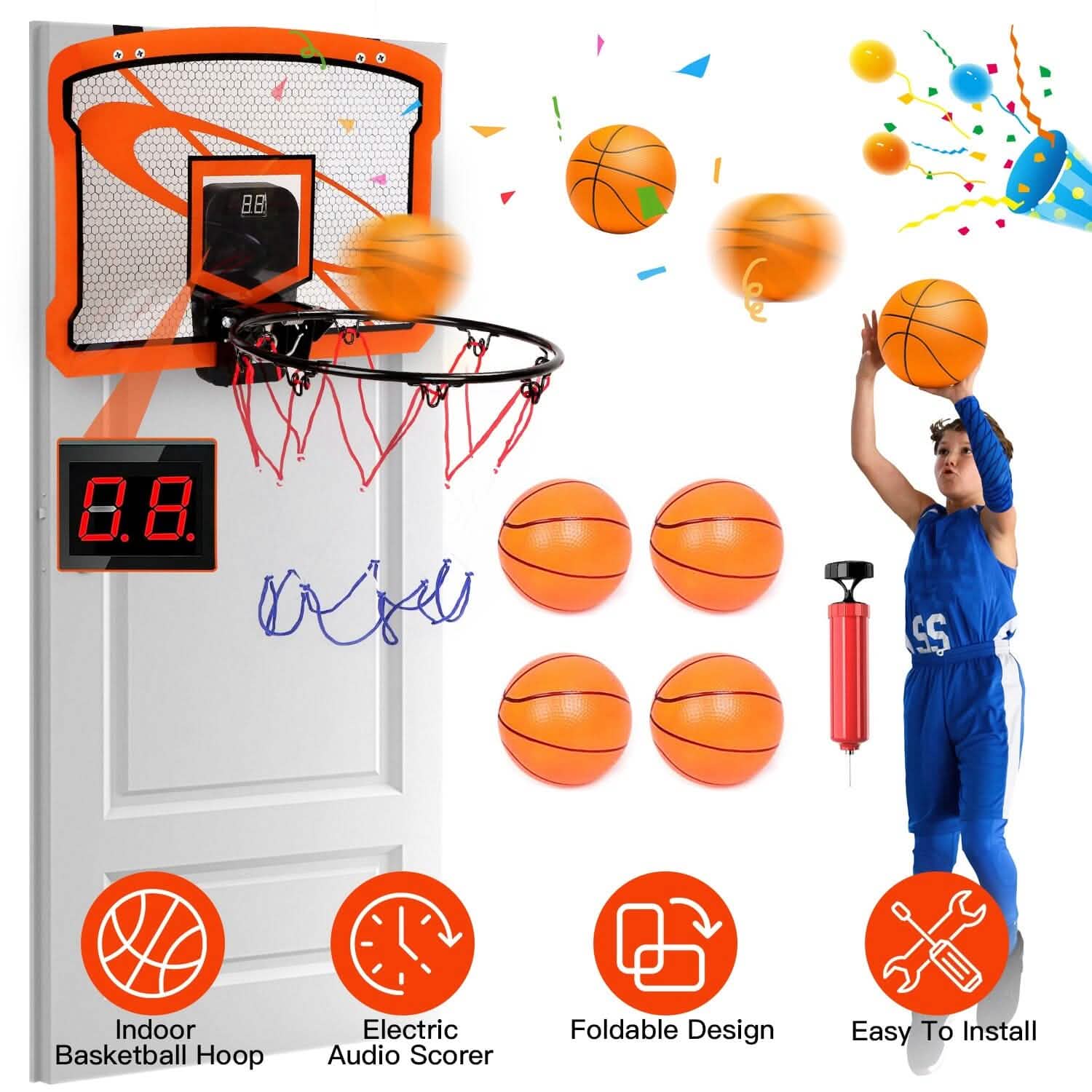 Indoor Mini Basketball Hoop Set with 4 Inflatable Balls Electric Audio Scorer