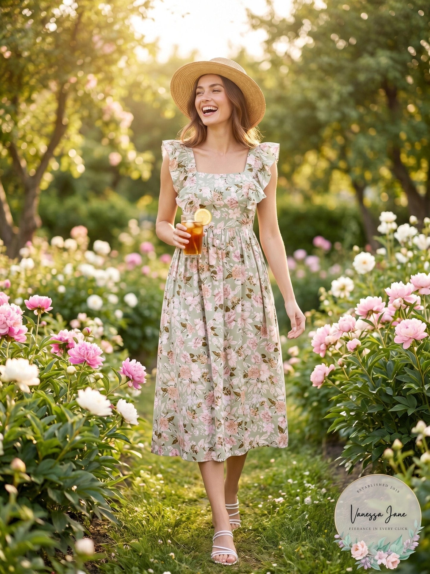 En Saison Maris Floral a-Line Dress in Sage, Size Medium