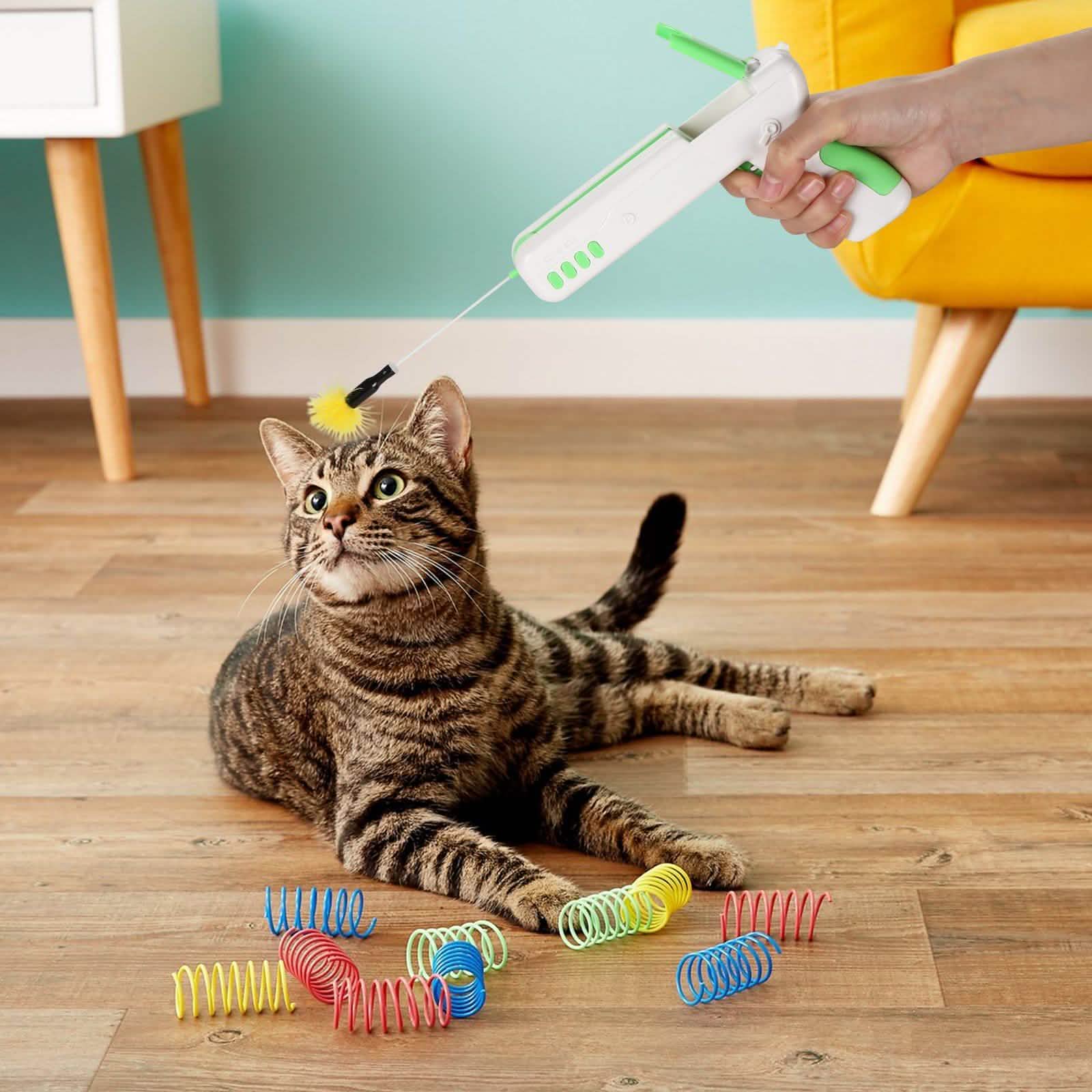 Pistolet-jouet interactif pour chat avec balle et plumes
