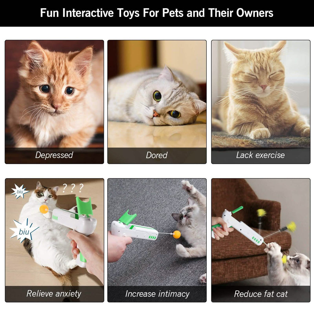 Pistolet-jouet interactif pour chat avec balle et plumes