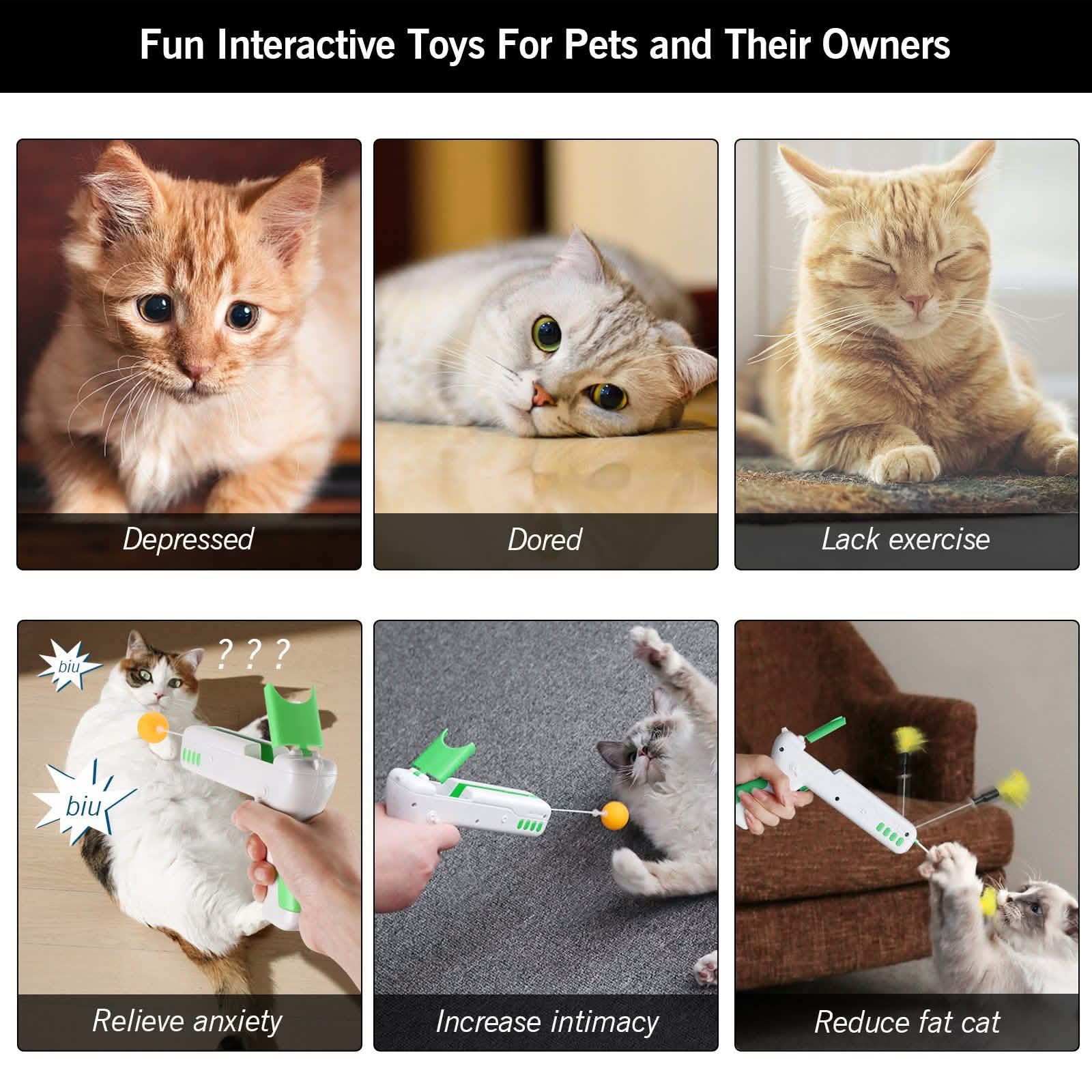 Pistolet-jouet interactif pour chat avec balle et plumes