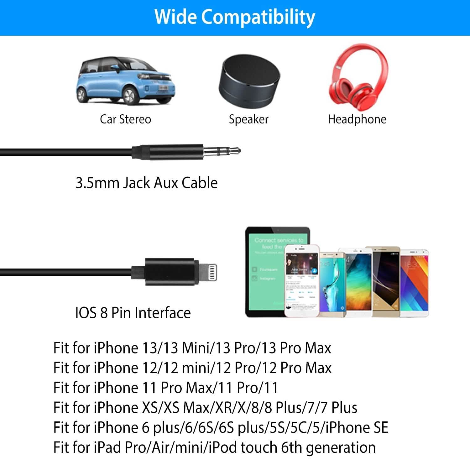 iOS 8 Pin to 3.5mm Aux Audio Adapter Cord