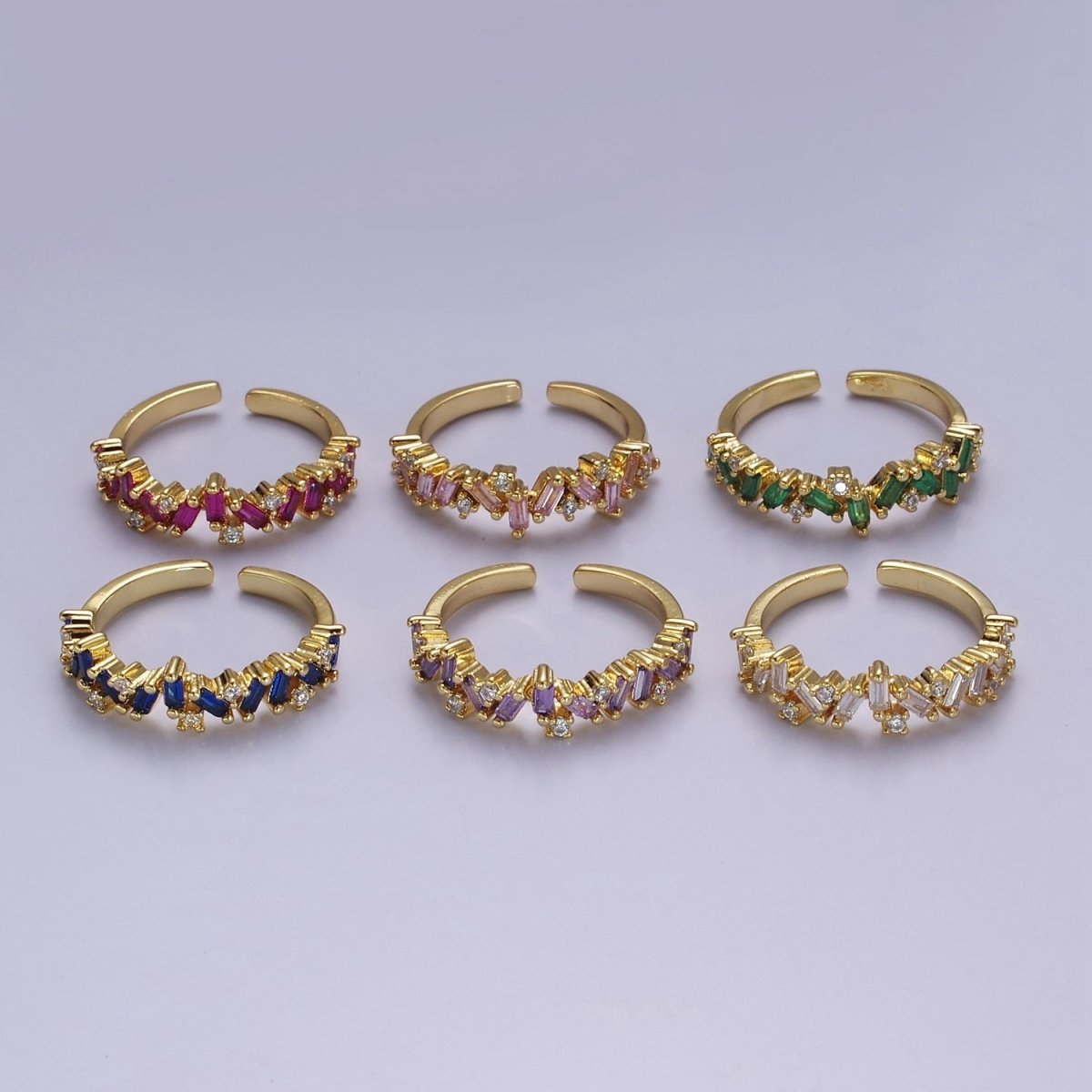 Irregular Baguette Color Stone Half Eternity Stackable Ring Stacking Gold Filled Bands Open Adjustable Ring O-2095 ~ O-2100