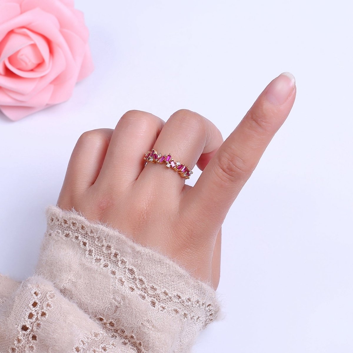Irregular Baguette Color Stone Half Eternity Stackable Ring Stacking Gold Filled Bands Open Adjustable Ring O-2095 ~ O-2100