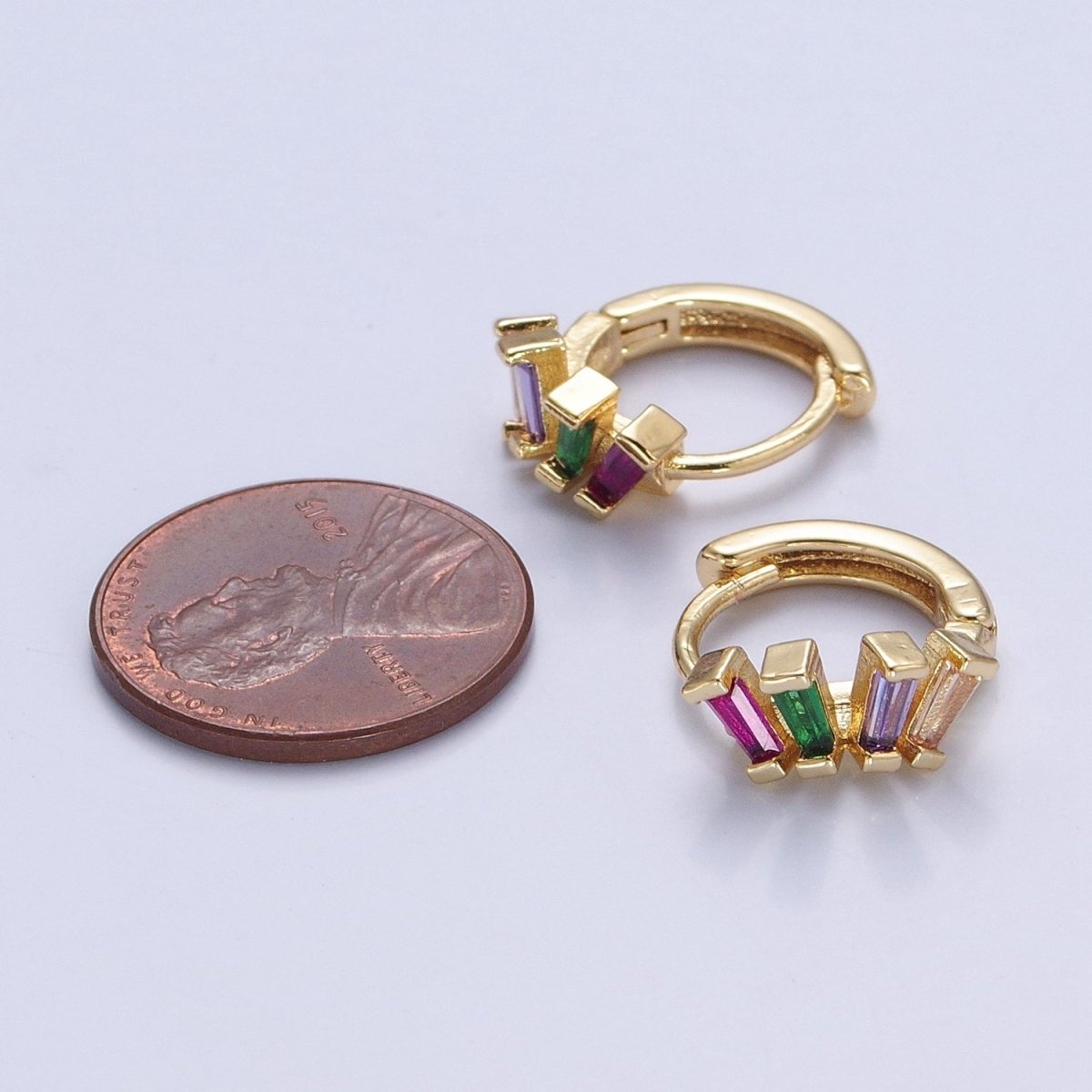 Irregular Baguette Purple Green Pink Cz Stone Huggie Earring T-523