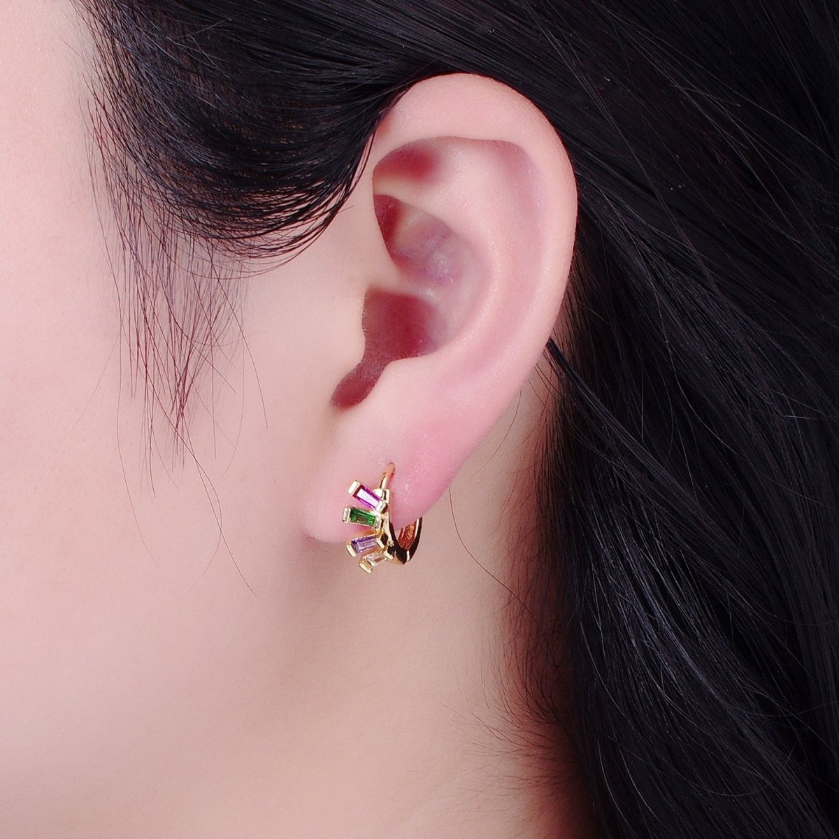 Irregular Baguette Purple Green Pink Cz Stone Huggie Earring T-523