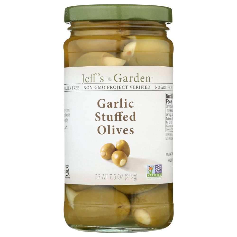 JEFFS GARDEN Garlic Stuffed Olives - 7.5 oz | Gourmet Garnish Snack