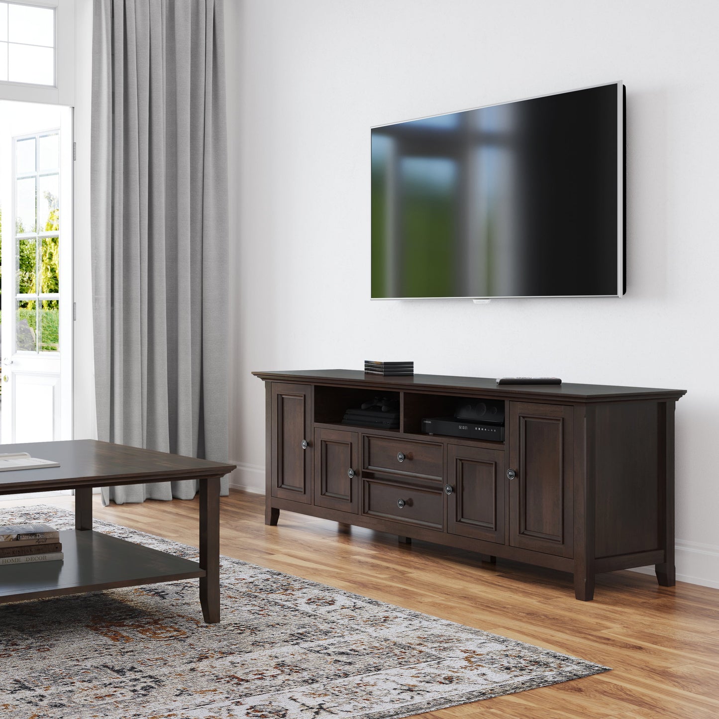 Amherst 72 Inch Wide Solid Wood TV Stand in Brunette