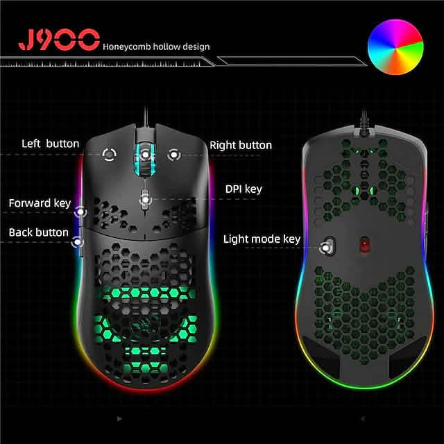 Souris de jeu filaire J900 Honeycomb Hollow