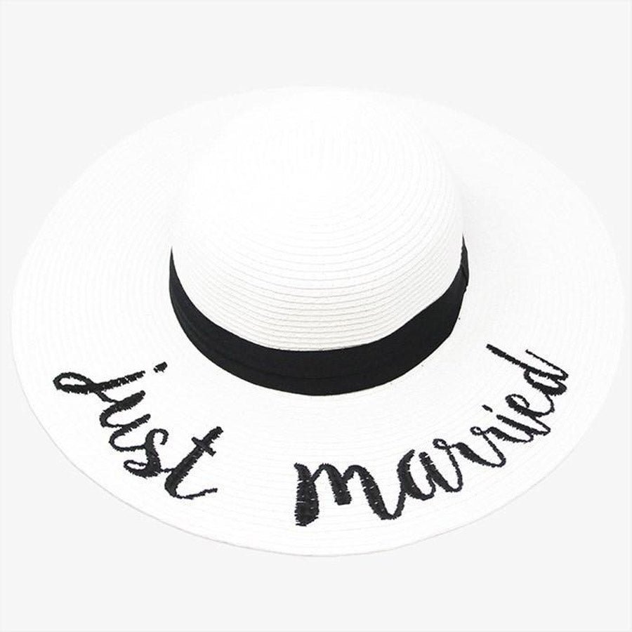 Just Married Embroidery Straw Floppy Sun Hat Bride Beach Hat