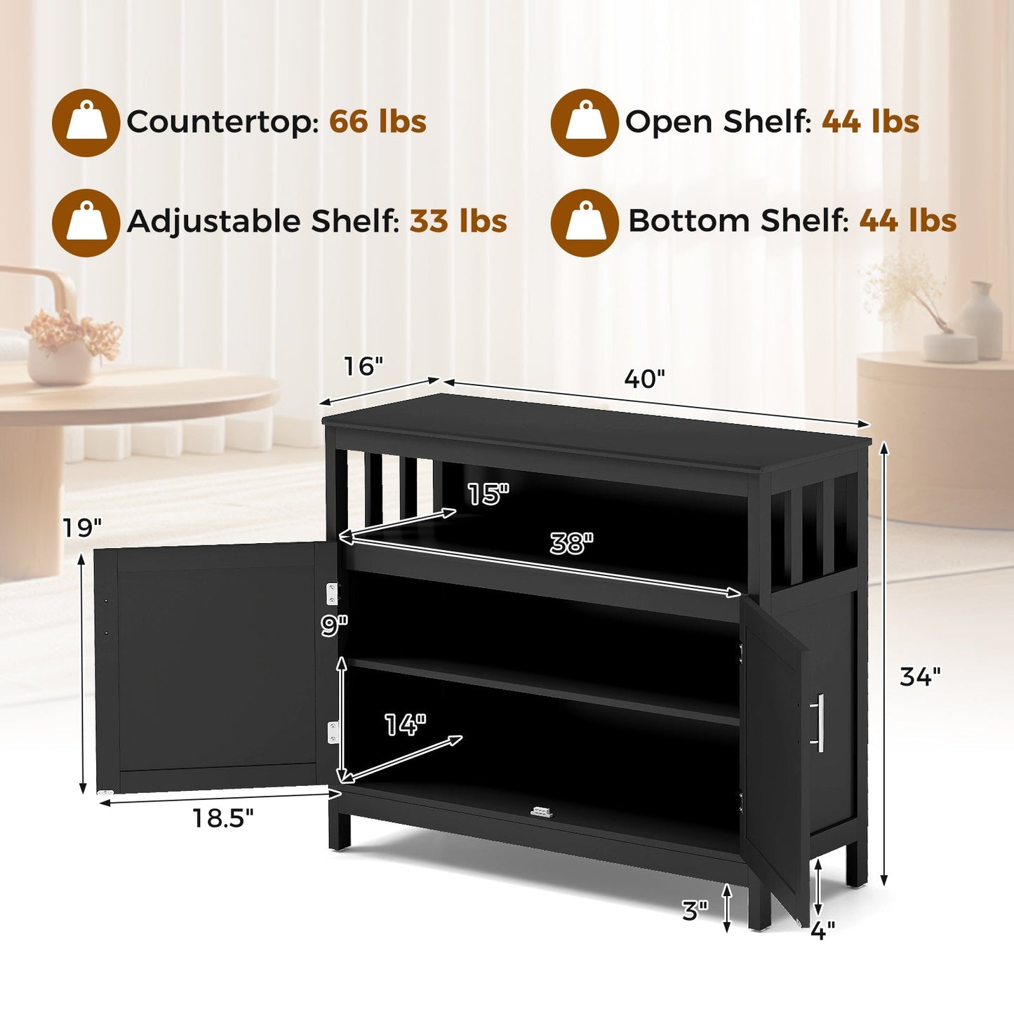 Kitchen Buffet Server Sideboard Storage Cabinet with 2 Doors and Shelf