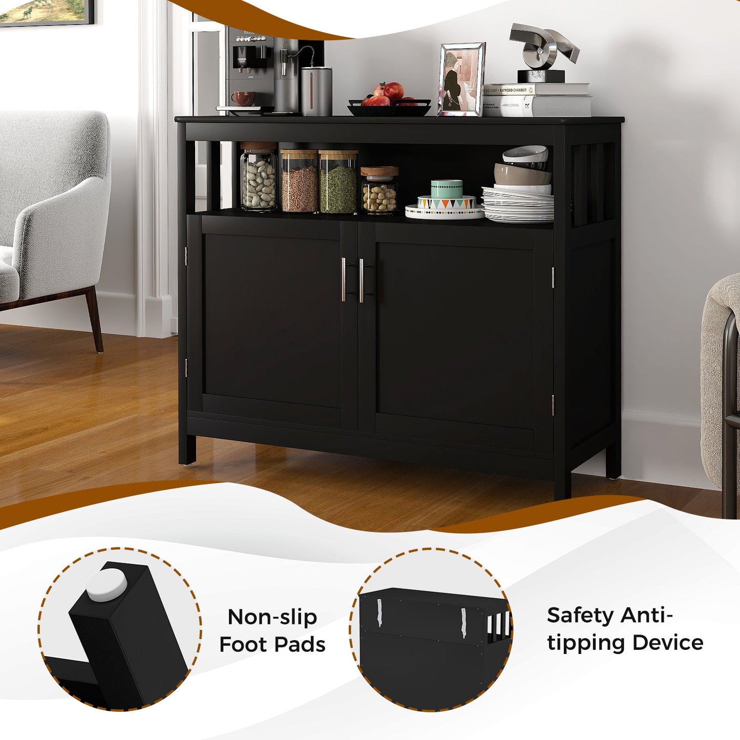 Kitchen Buffet Server Sideboard Storage Cabinet with 2 Doors and Shelf