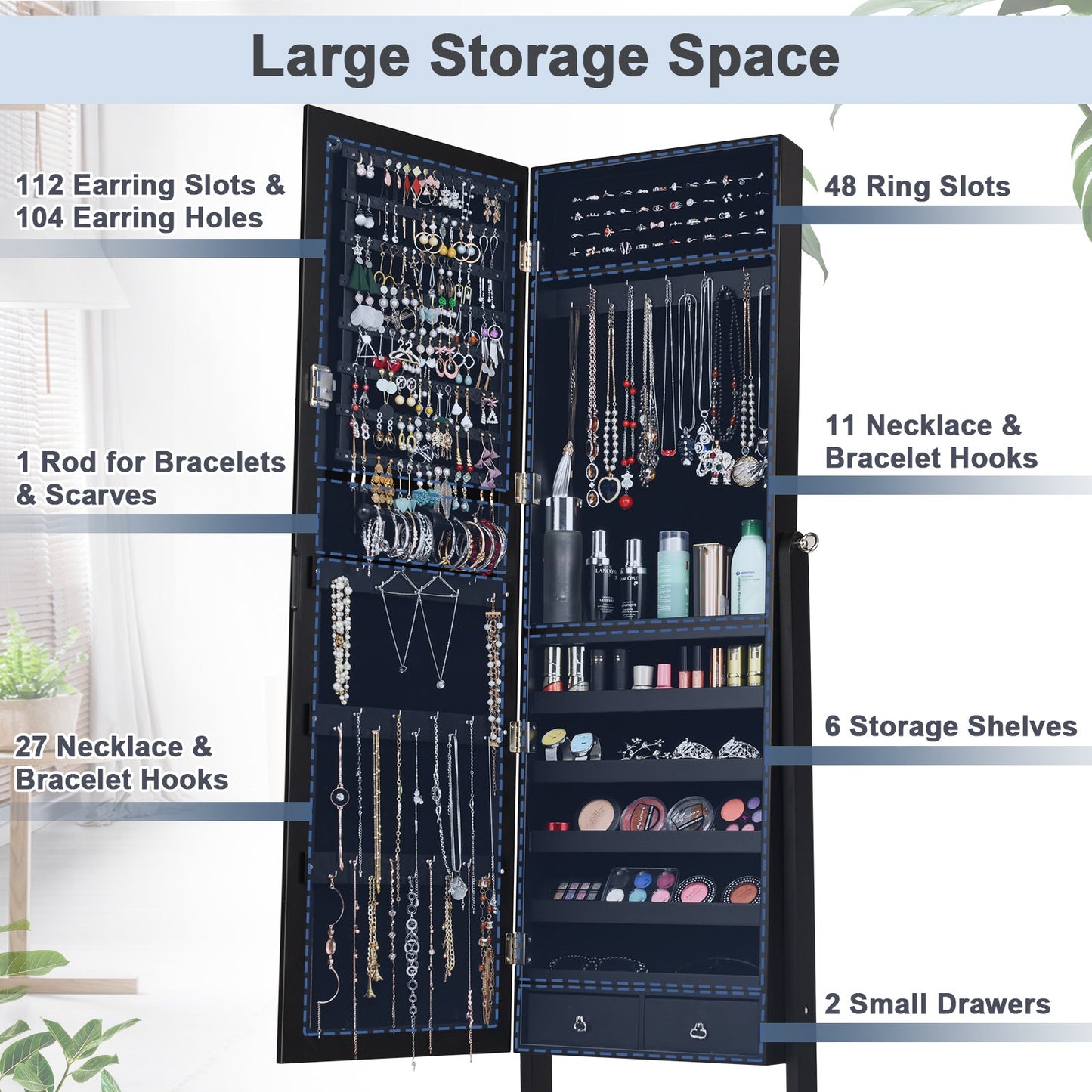 Lockable Mirrored Jewelry Cabinet Armoire Storage Organizer Box