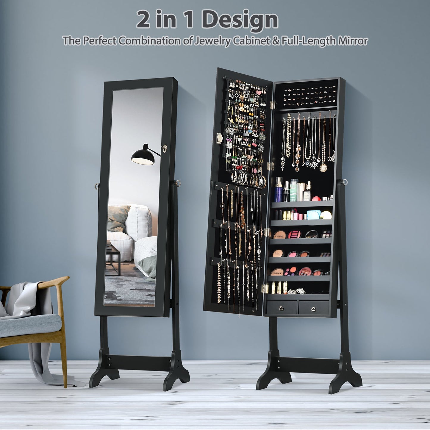 Lockable Mirrored Jewelry Cabinet Armoire Storage Organizer Box