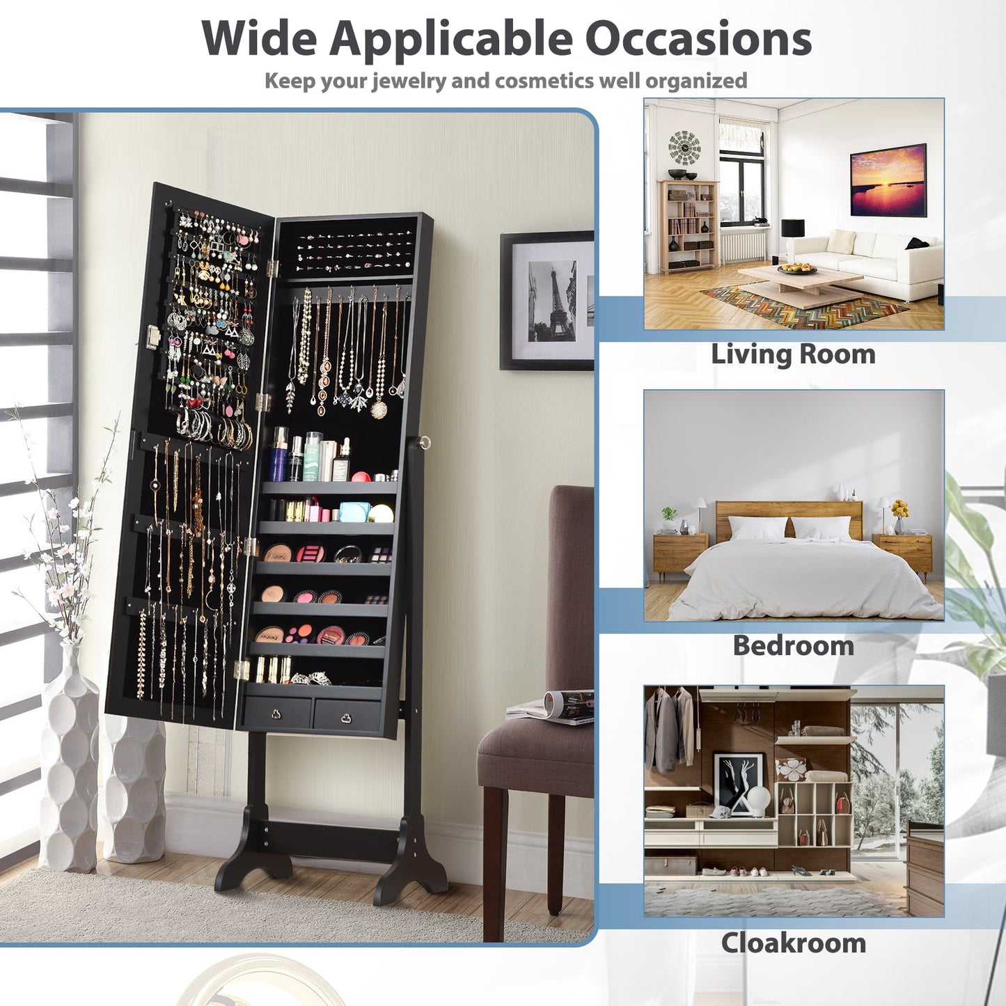 Lockable Mirrored Jewelry Cabinet Armoire Storage Organizer Box