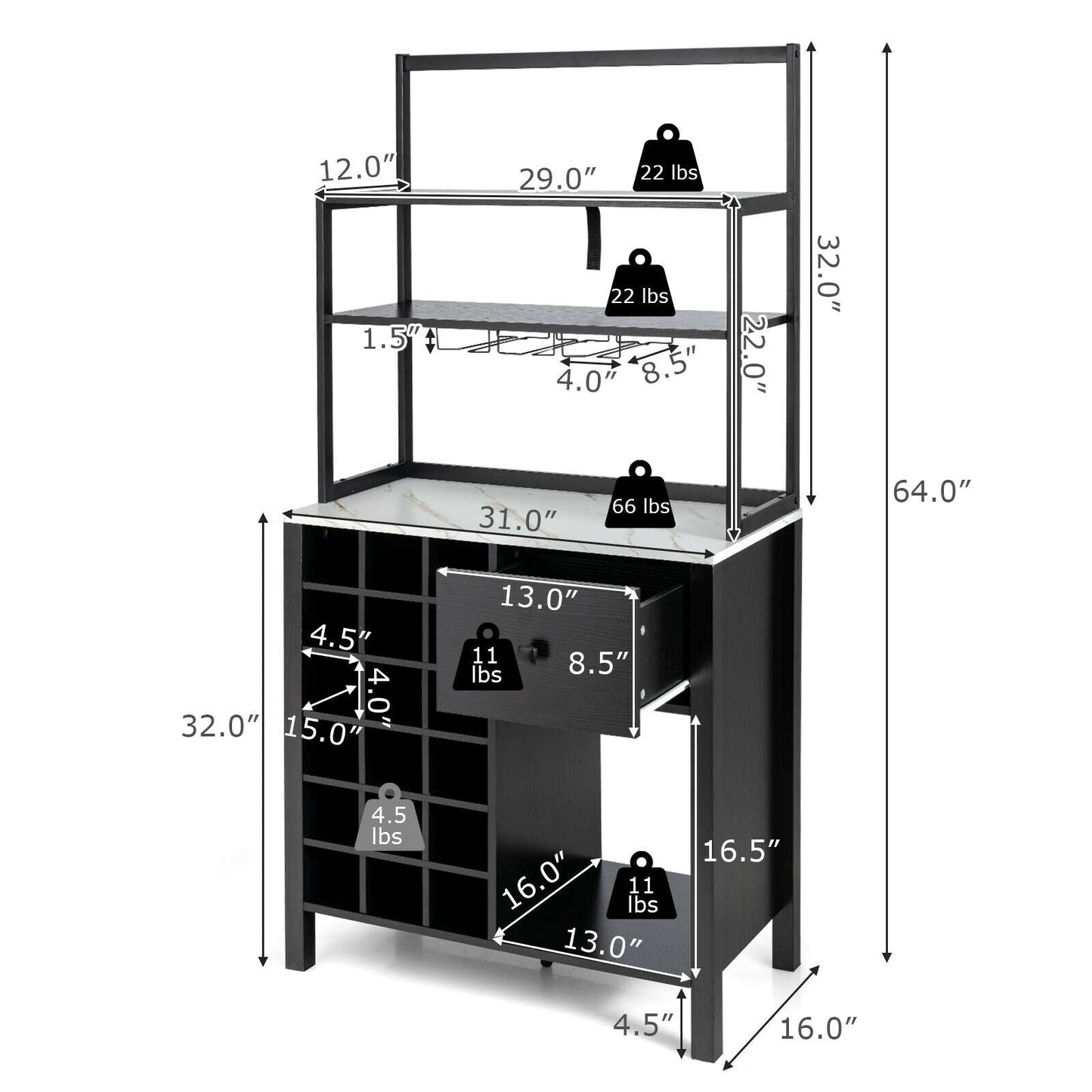 Kitchen Bakers Rack Freestanding Wine Rack Table with Glass Holder and Drawer