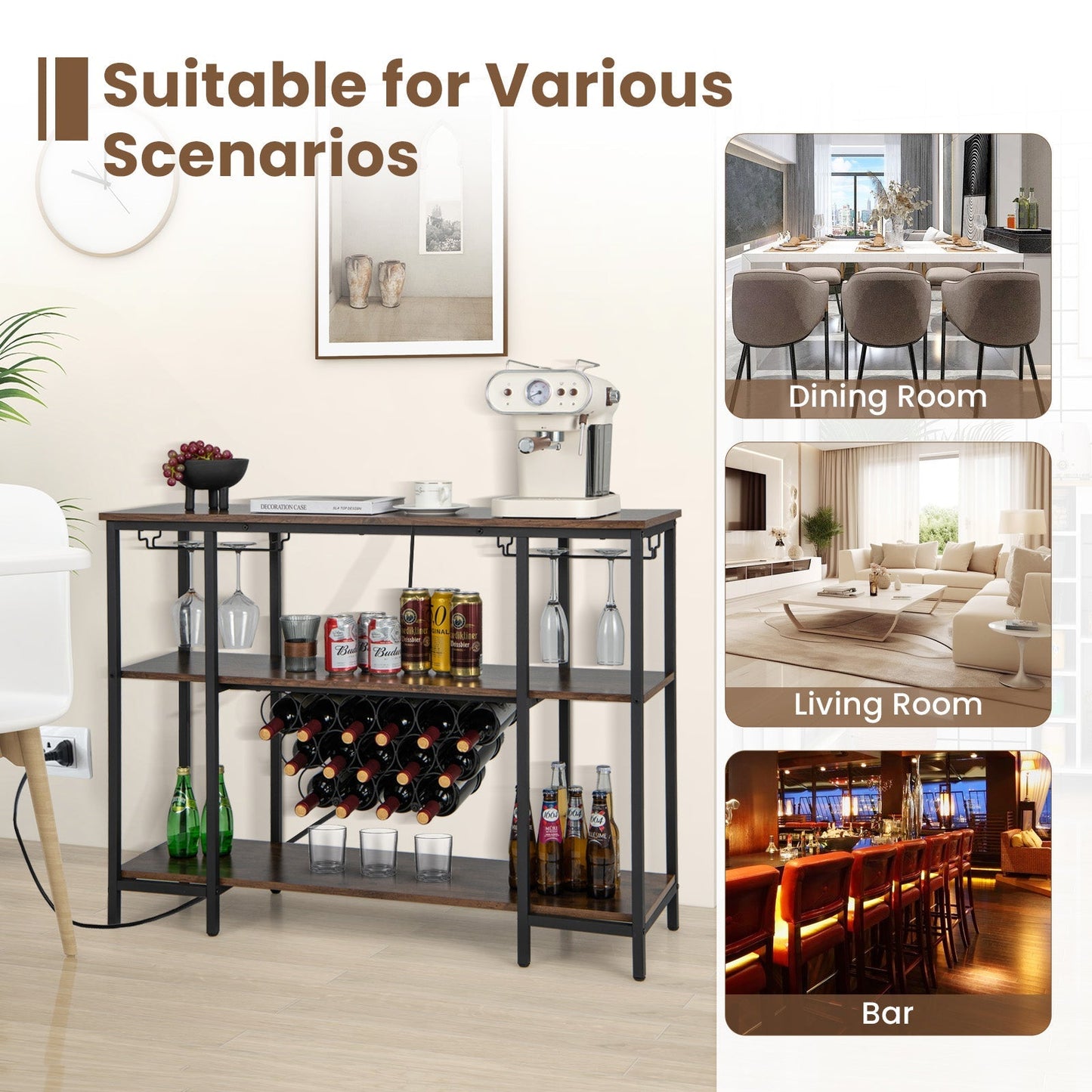 Industrial Wine Rack Wine Bar Cabinet with Storage Shelves
