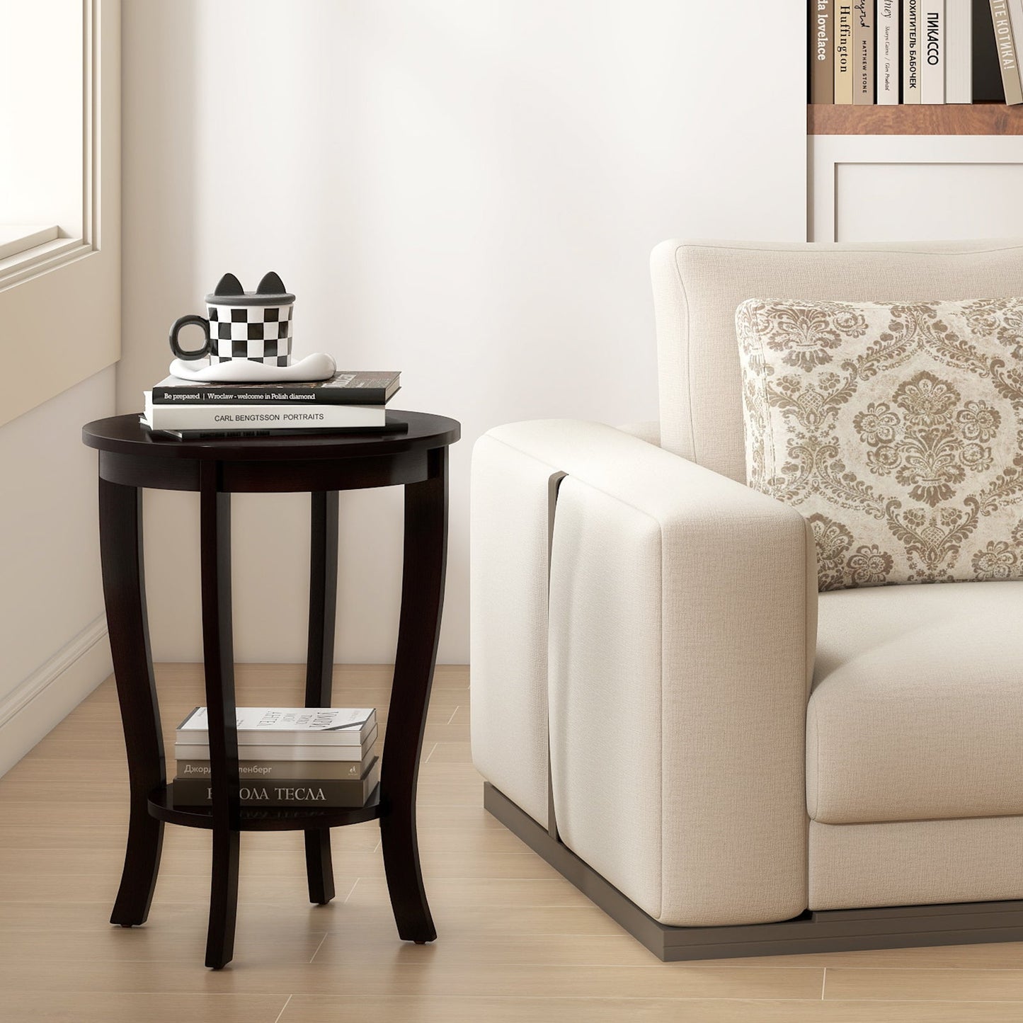 2-tier Round End Table with Solid Wood Legs