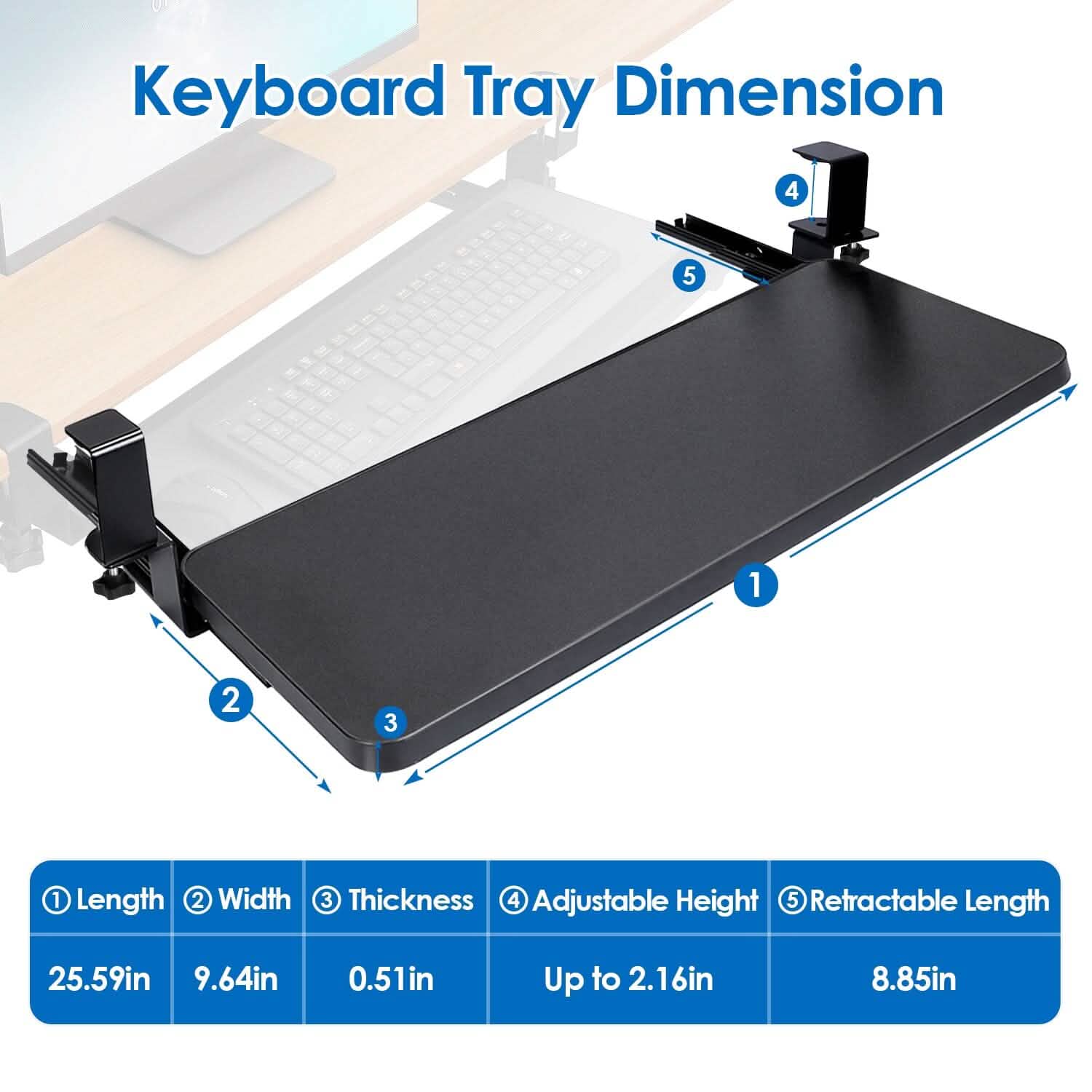 Keyboard Mouse Tray Under Desk Retractable Slide Out Drawer with C Clamp