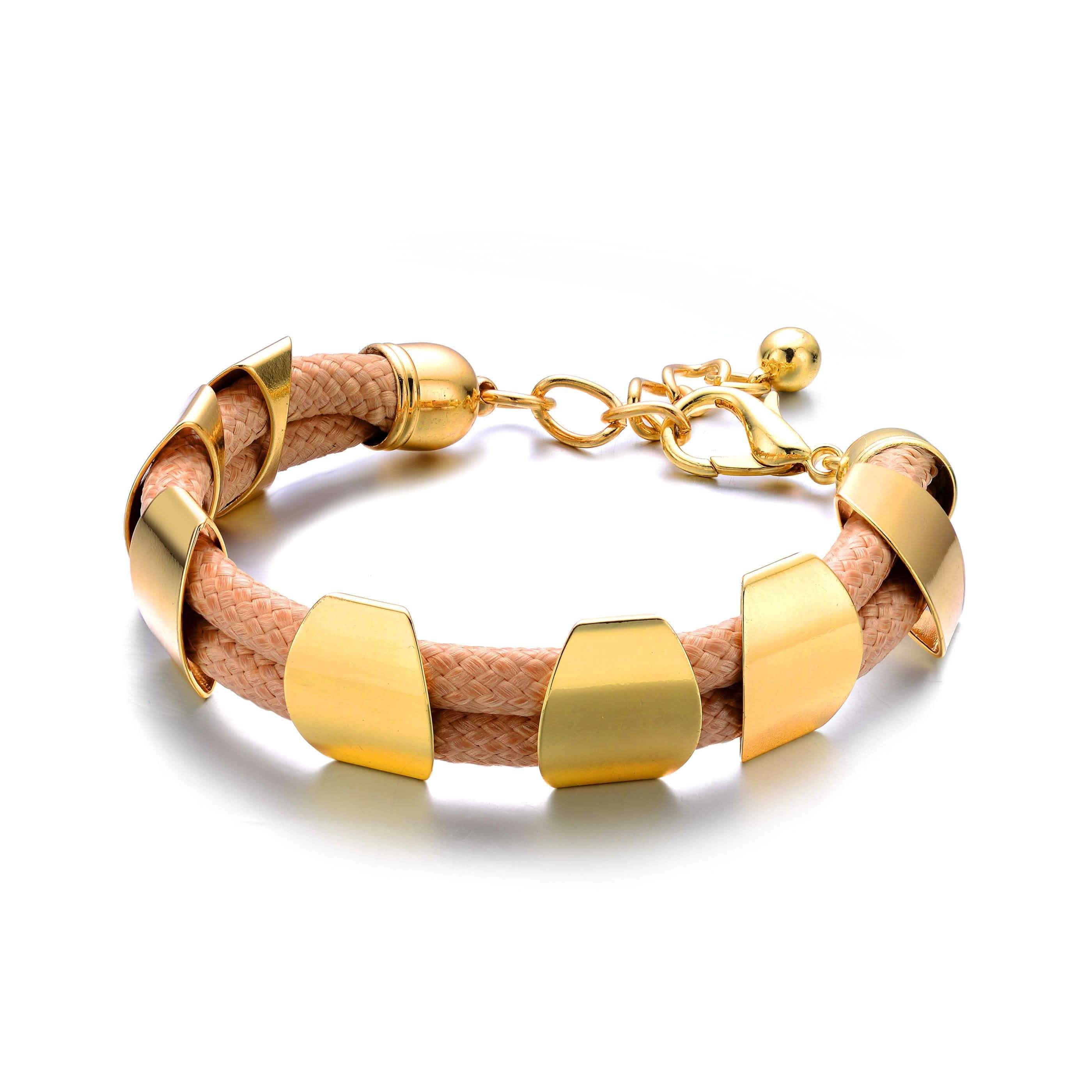 Bracelet en cuir kaki avec chaîne plaquée or en métal poli