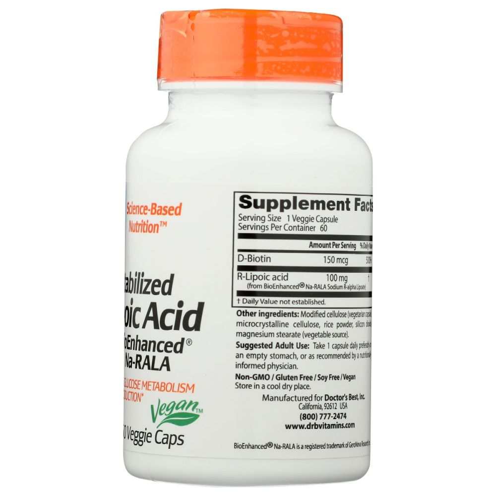 DOCTOR'S BEST: Stabilized R Lipoic Acid with BioEnhanced Na RALA 100Mg, 60 vc