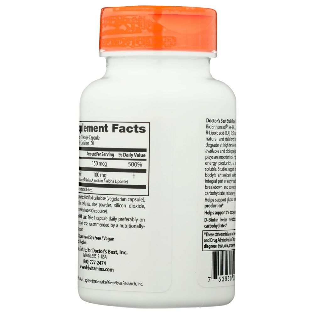 DOCTOR'S BEST: Stabilized R Lipoic Acid with BioEnhanced Na RALA 100Mg, 60 vc