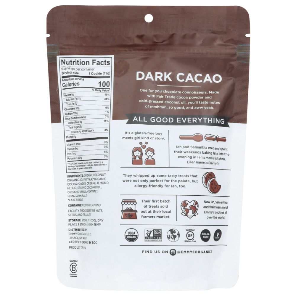 EMMYS ORGANICS: Coconut Cookies Dark Cacao, 6 oz