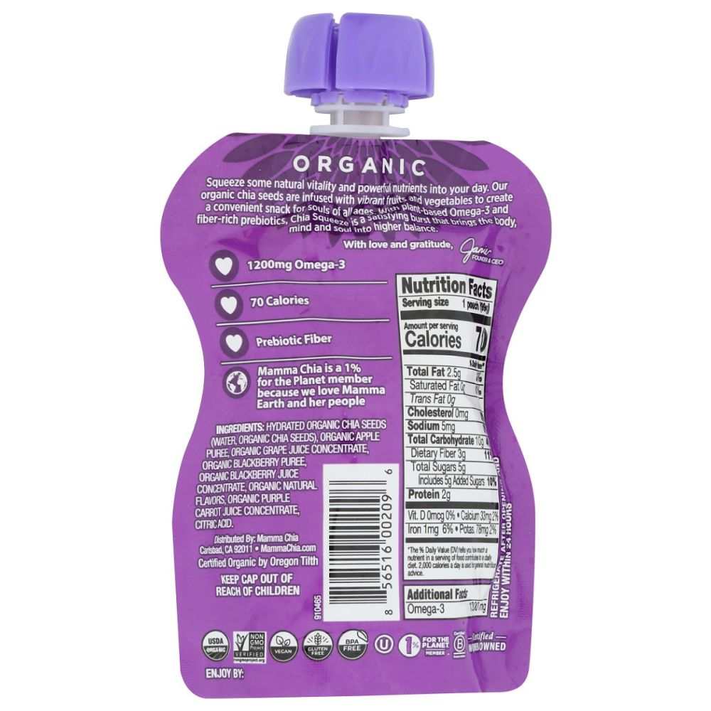 MAMMACHIA: Blackberry Bliss Organic Chia Squeeze -Nutritious Snack 3.5oz
