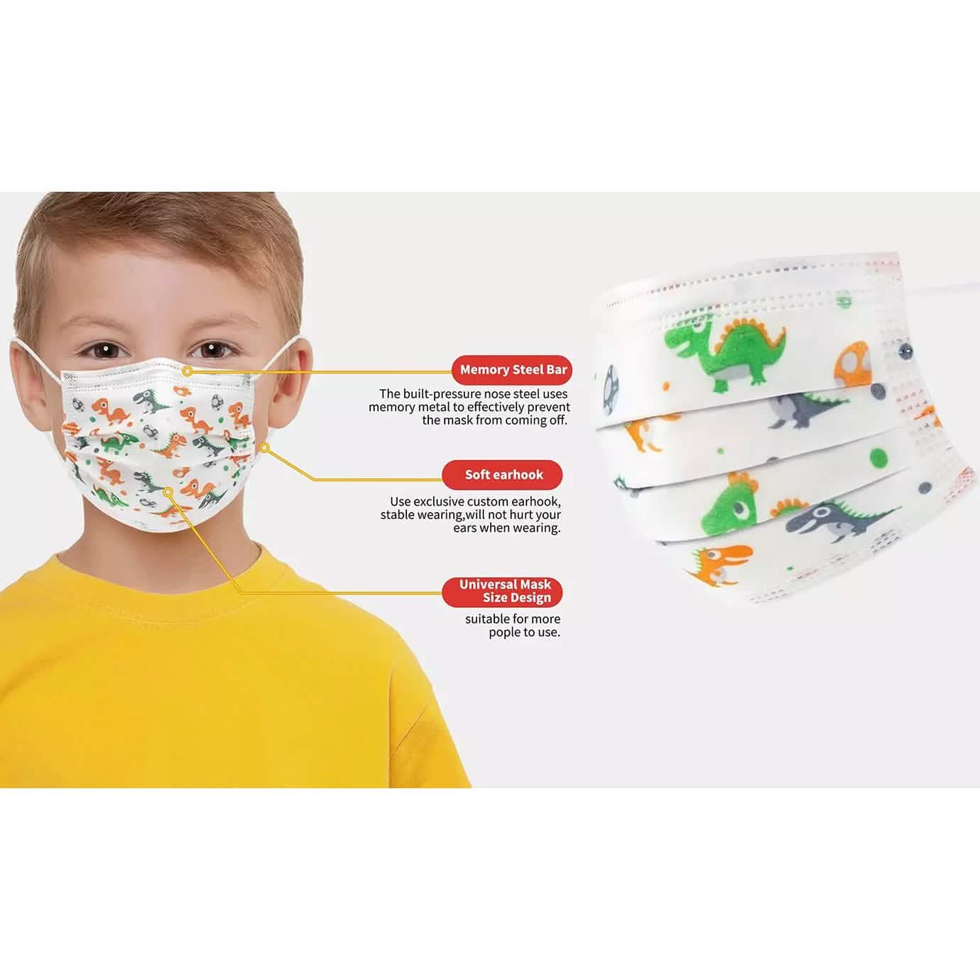 Masques jetables pour enfants 3 plis motif dinosaure