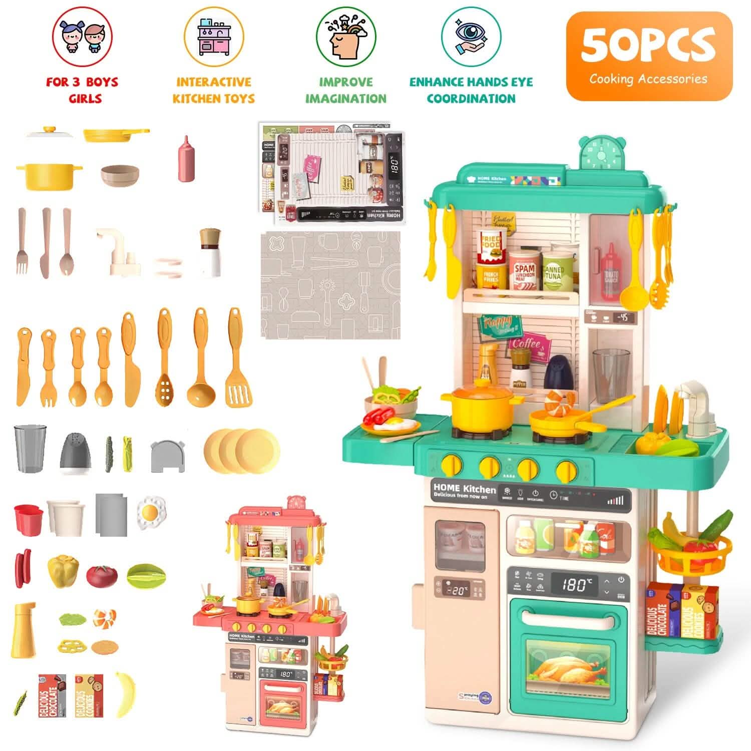 Kids Kitchen Play Set Interactive Pretend Kitchen Toys Cookware