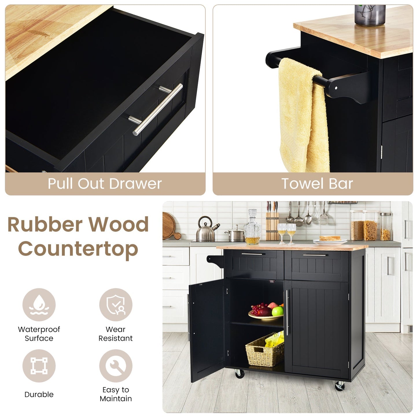Heavy Duty Rolling Kitchen Cart with Tower Holder and Drawer