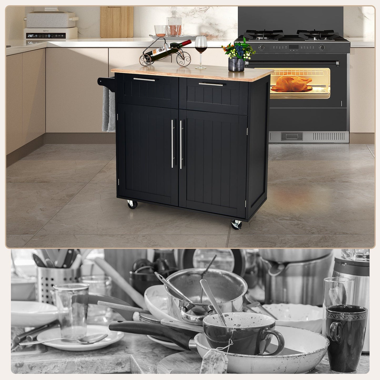 Heavy Duty Rolling Kitchen Cart with Tower Holder and Drawer