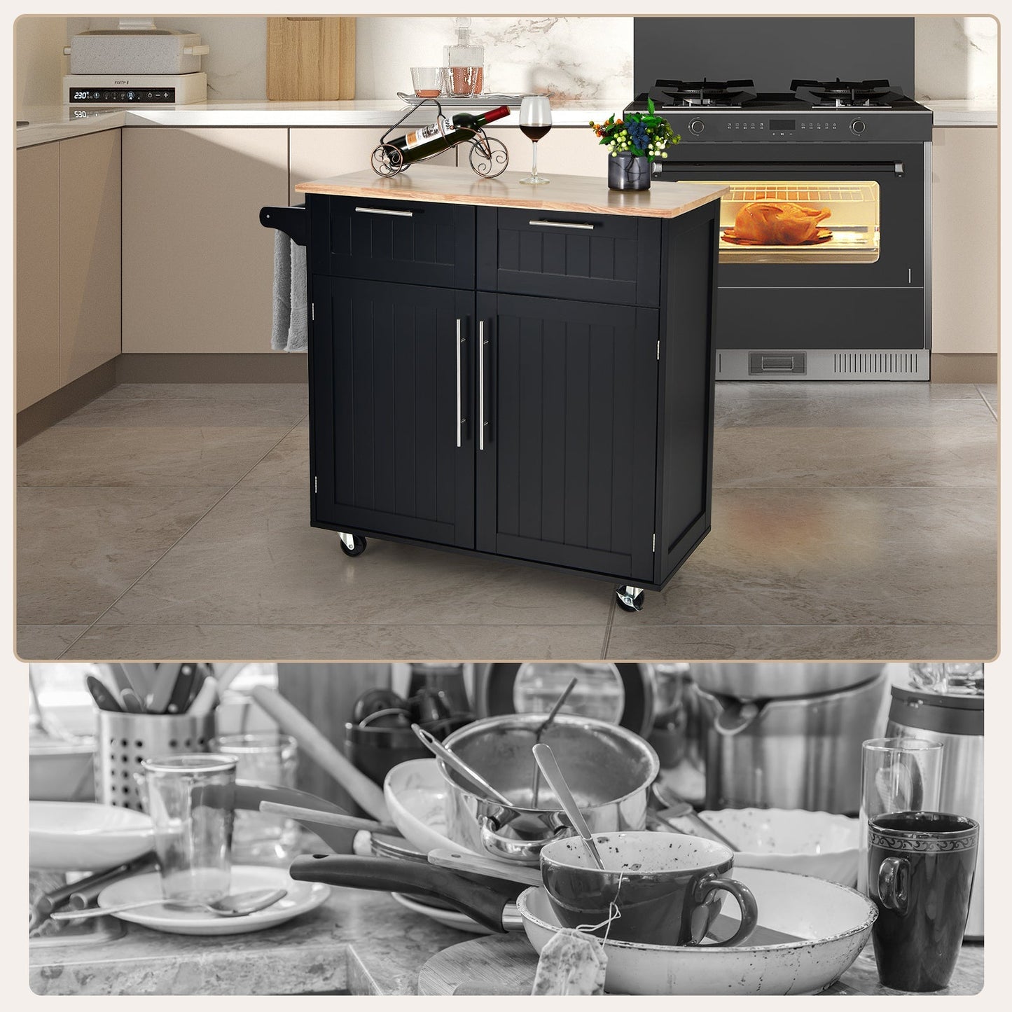 Heavy Duty Rolling Kitchen Cart with Tower Holder and Drawer