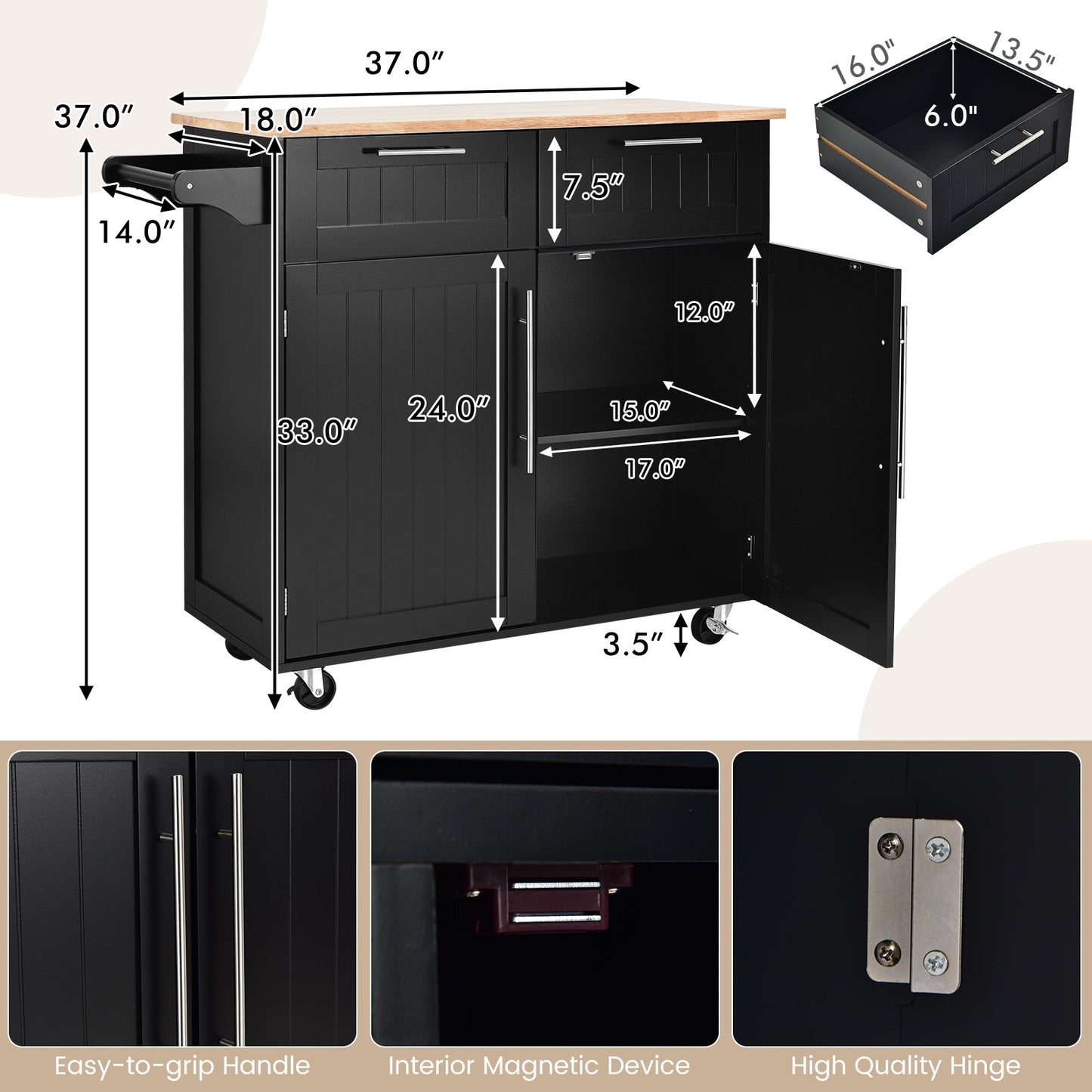Heavy Duty Rolling Kitchen Cart with Tower Holder and Drawer