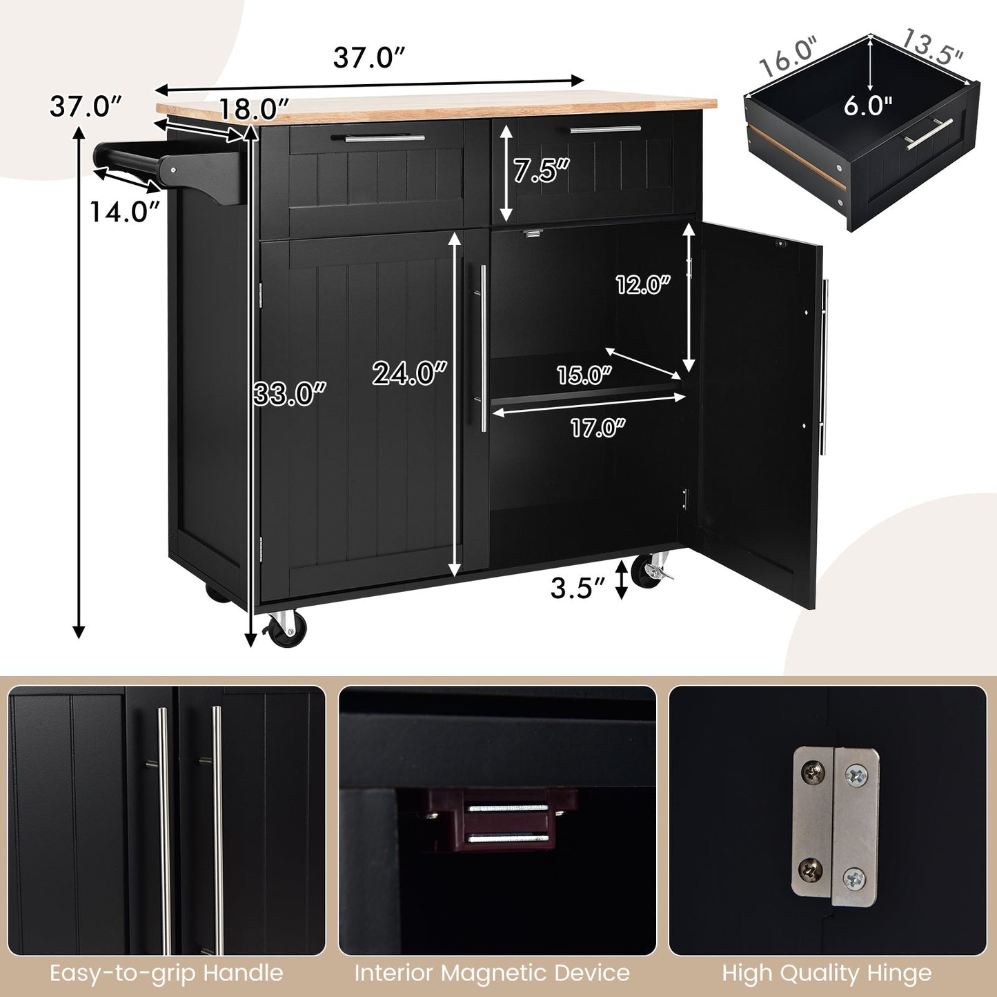 Heavy Duty Rolling Kitchen Cart with Tower Holder and Drawer