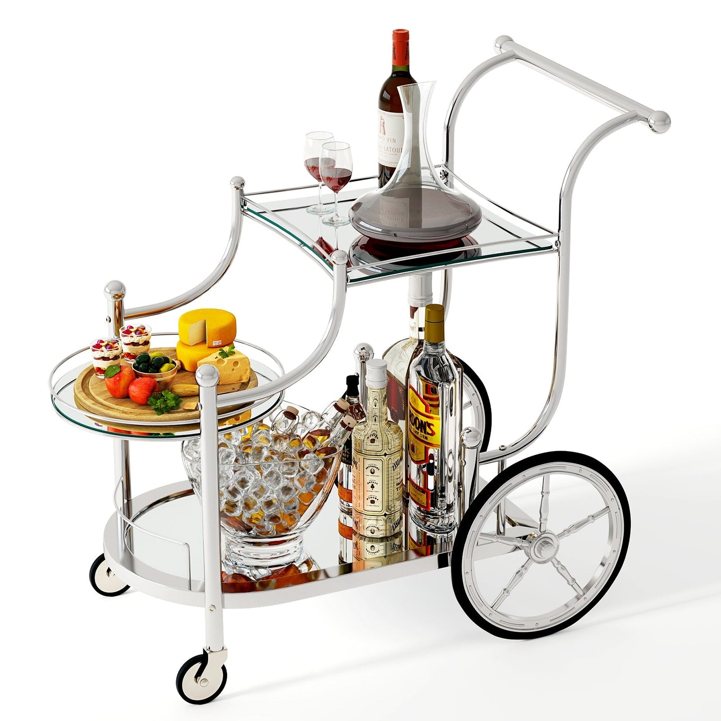 3-Tier Home Bar Serving Cart on Wheels with Mirrored Shelves