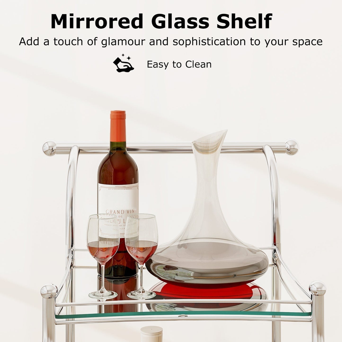3-Tier Home Bar Serving Cart on Wheels with Mirrored Shelves
