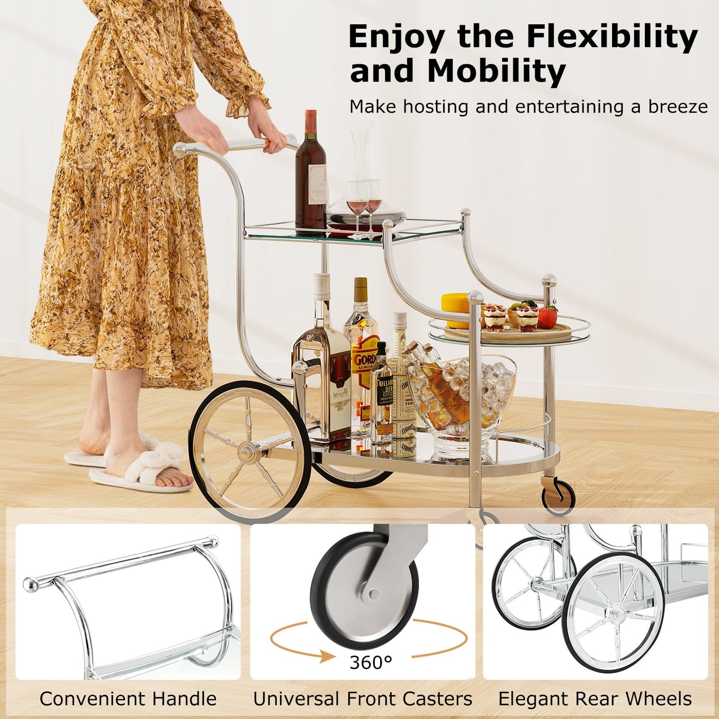3-Tier Home Bar Serving Cart on Wheels with Mirrored Shelves