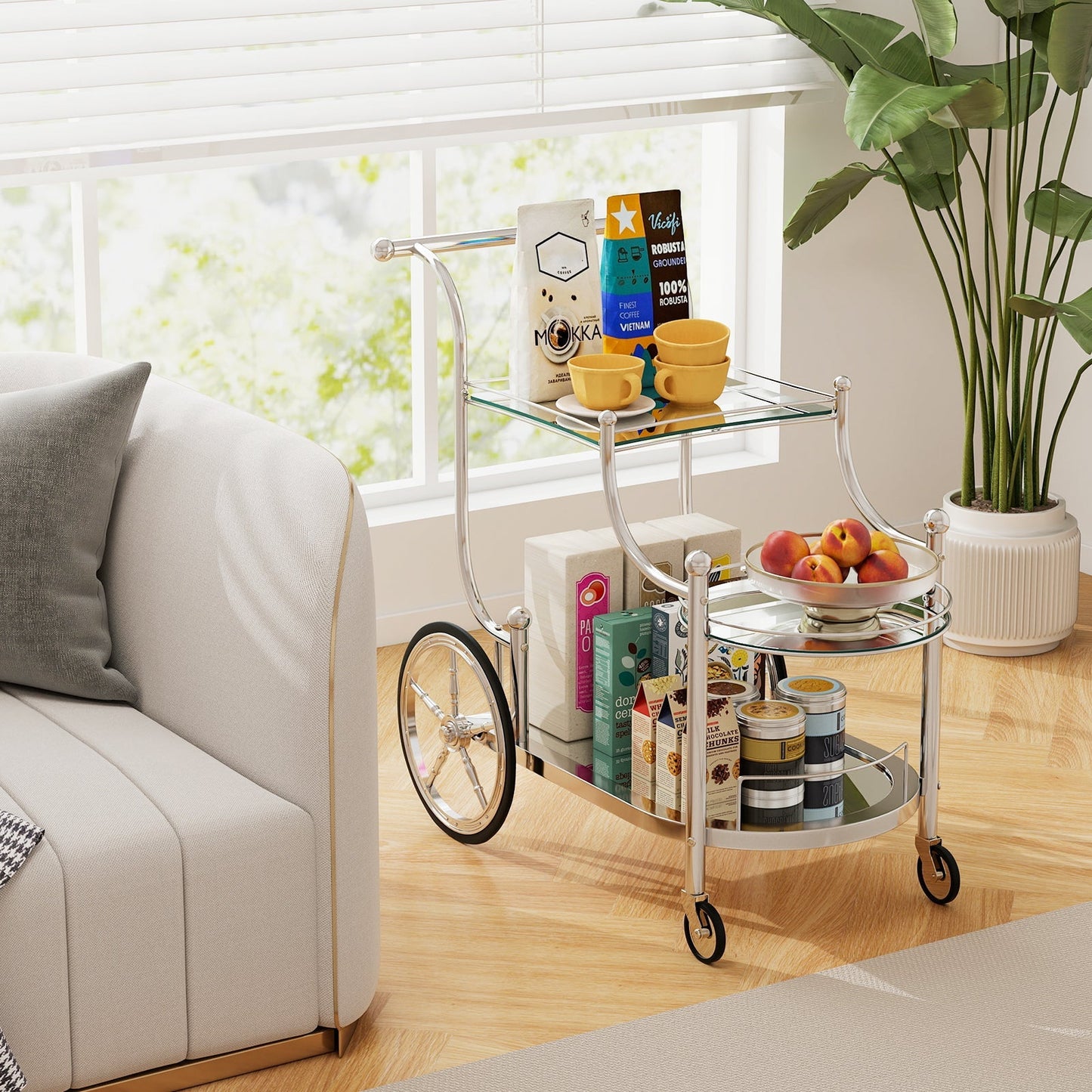 3-Tier Home Bar Serving Cart on Wheels with Mirrored Shelves