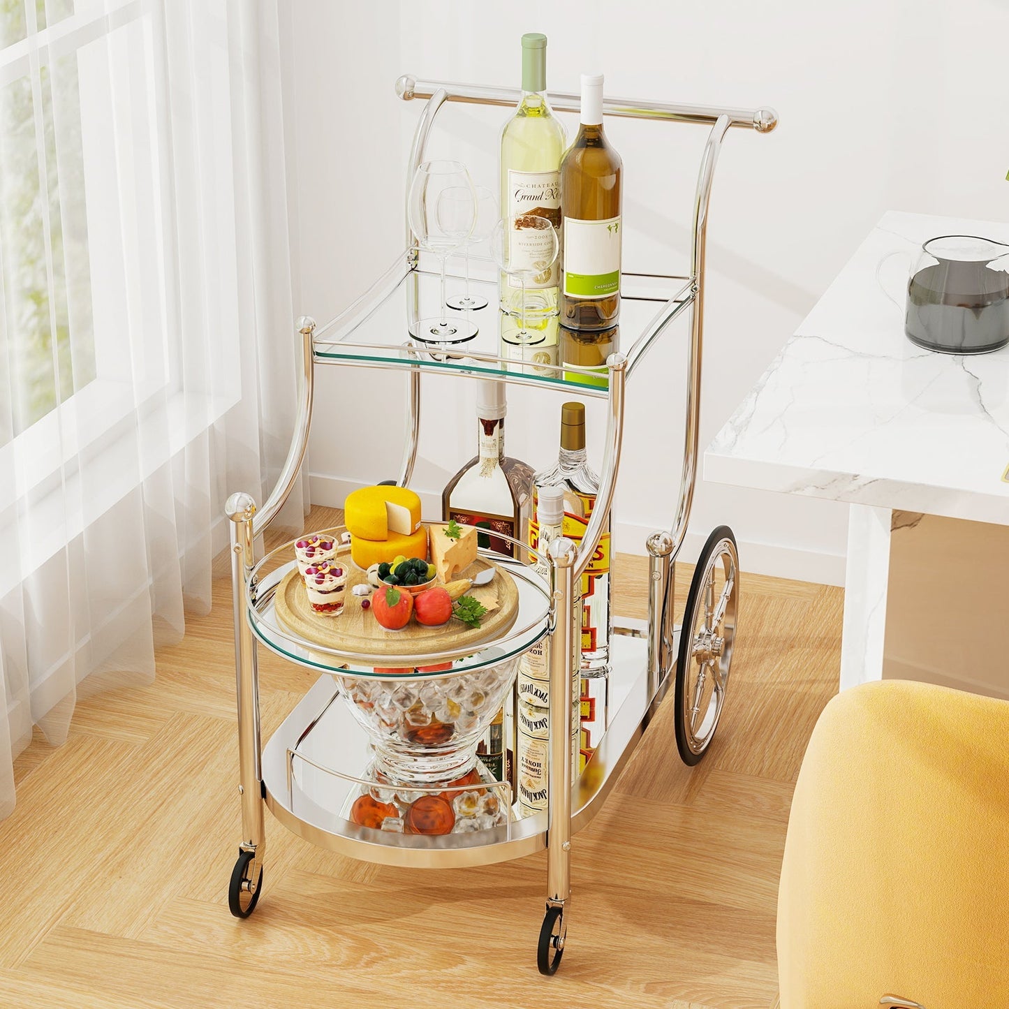 3-Tier Home Bar Serving Cart on Wheels with Mirrored Shelves