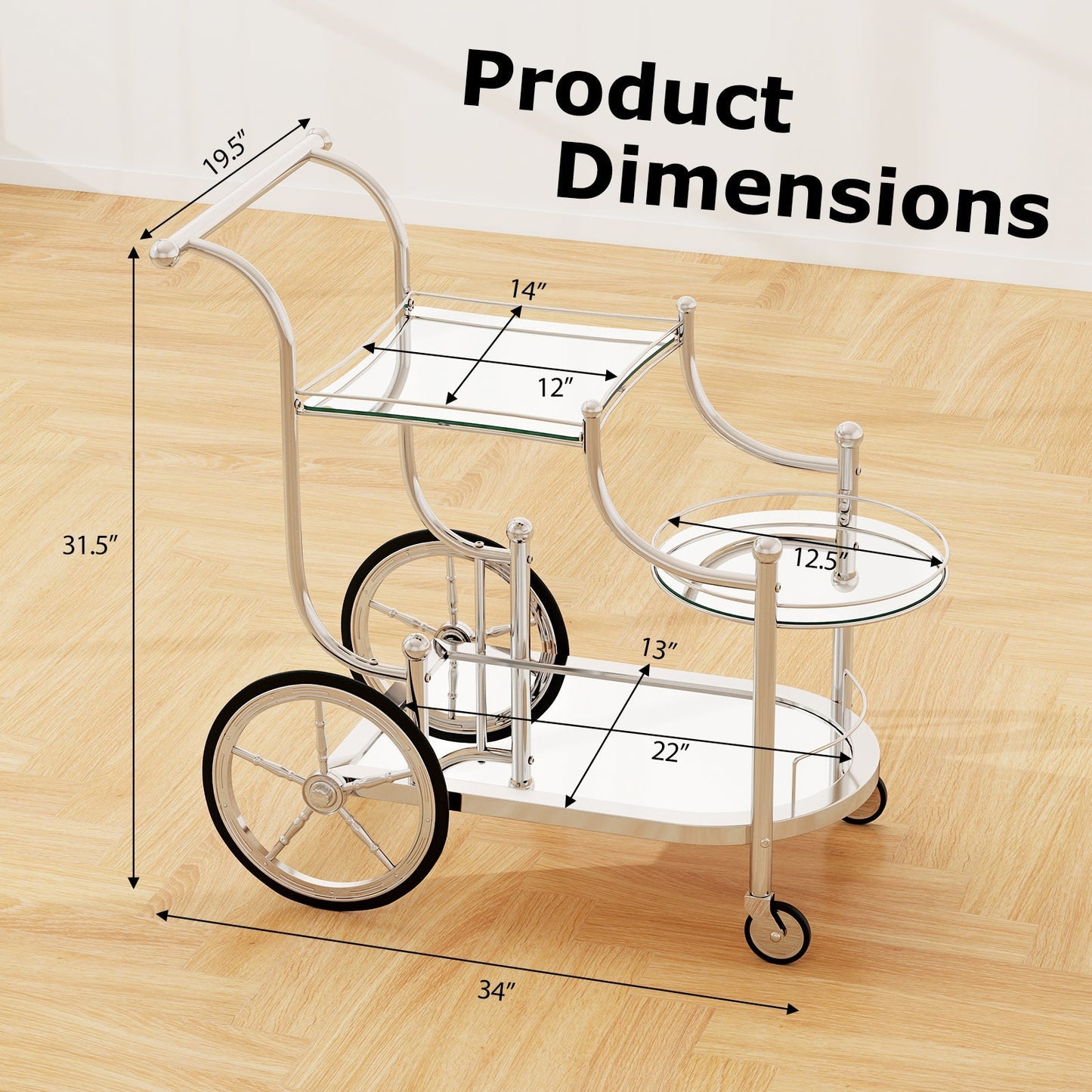 3-Tier Home Bar Serving Cart on Wheels with Mirrored Shelves