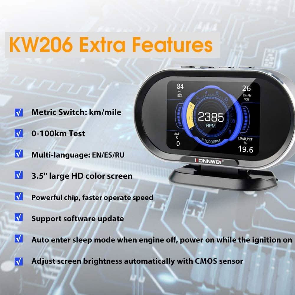 KONNWEI KW206 車用OBD2 HUDデジタルメーター RPMゲージ