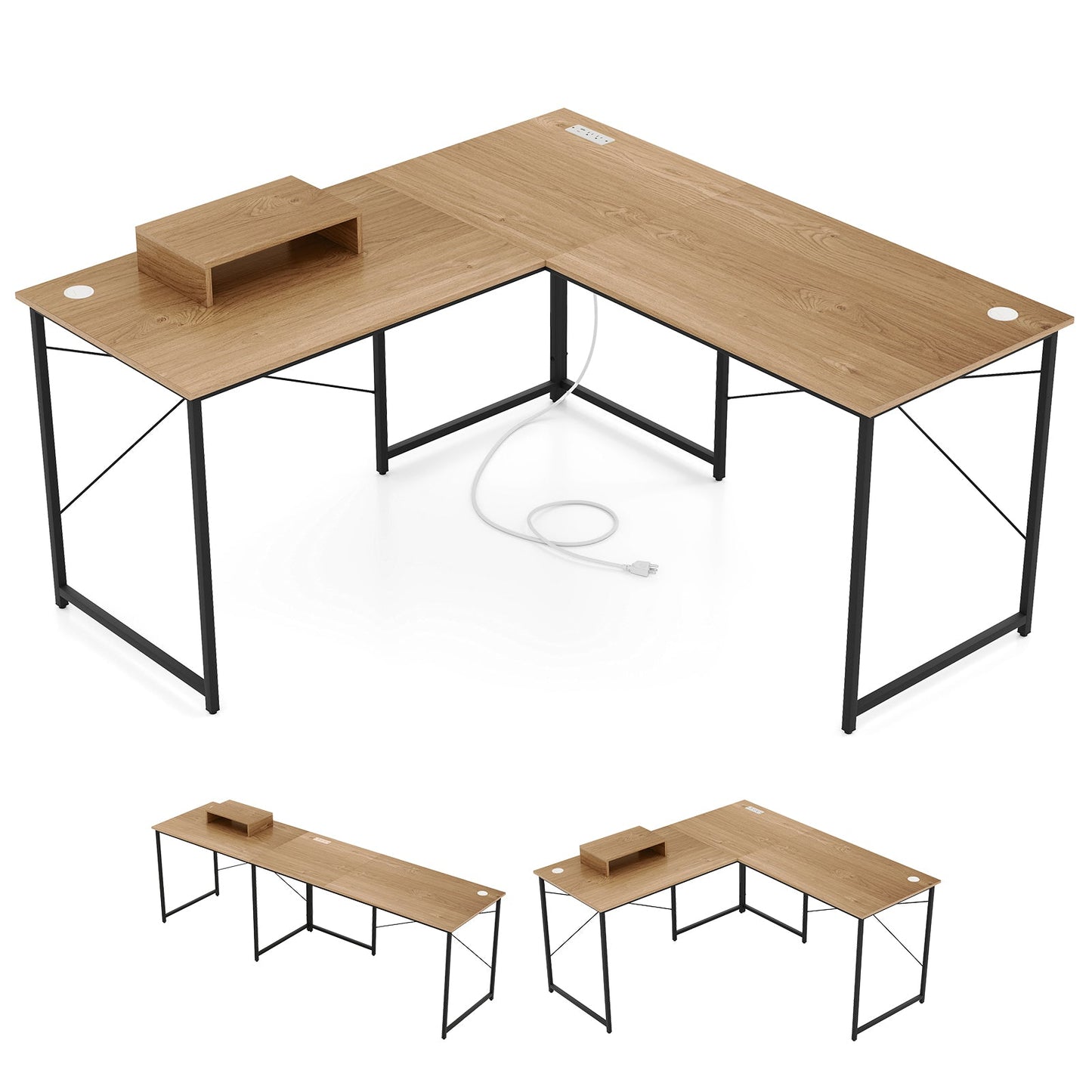 95 Inch 2-Person L-Shaped Long Reversible Computer Desk with Monitor Stand