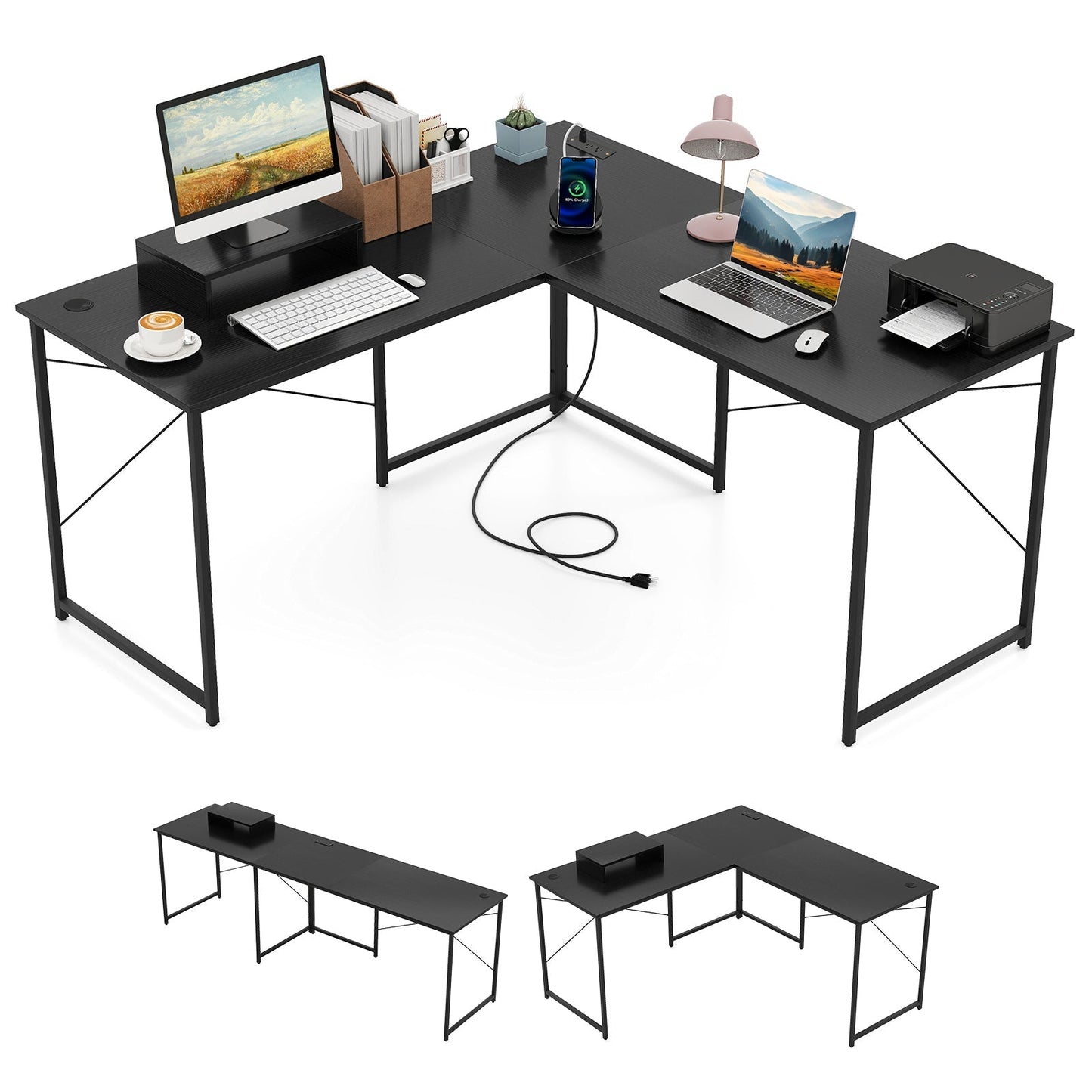 95 Inch 2-Person L-Shaped Long Reversible Computer Desk with Monitor Stand