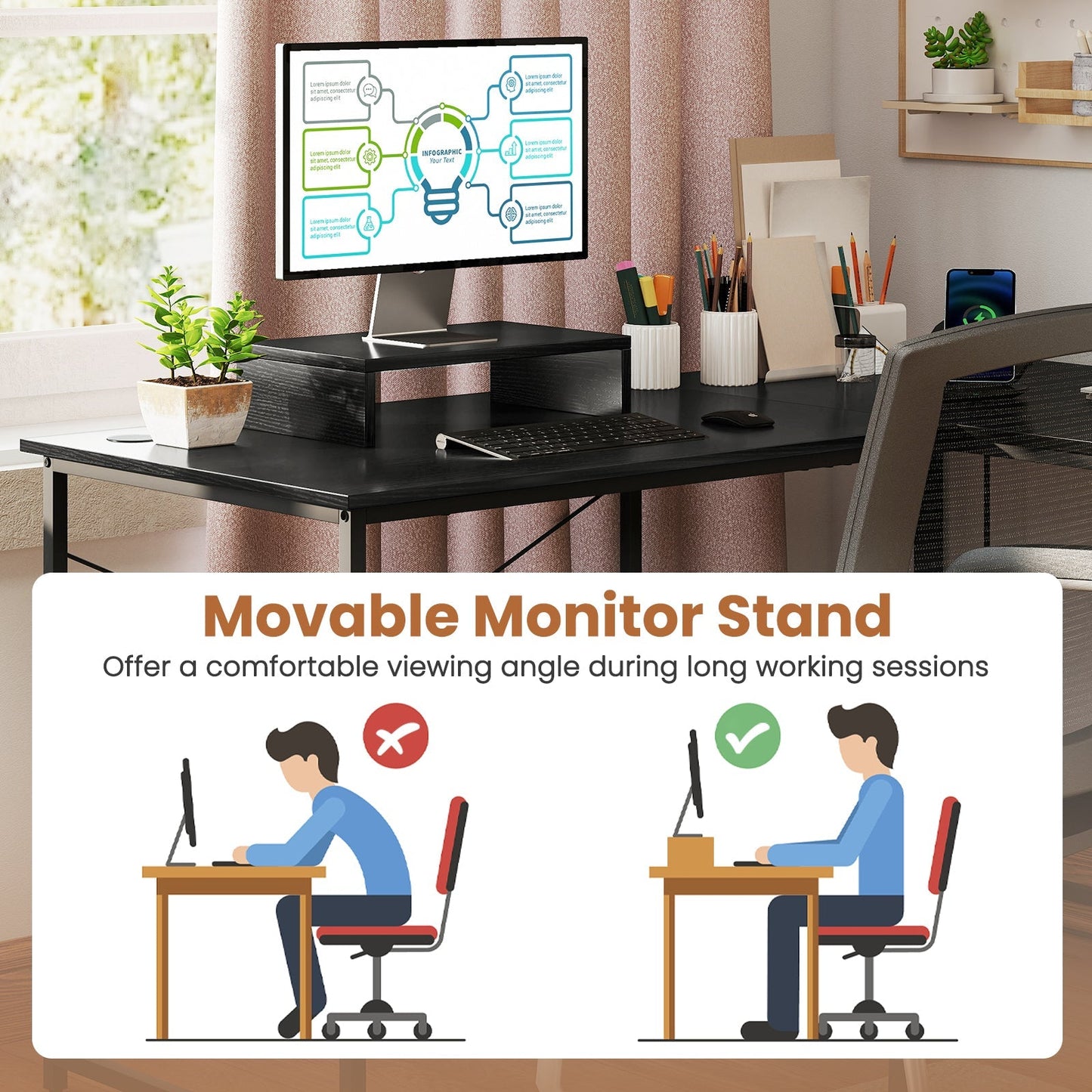 95 Inch 2-Person L-Shaped Long Reversible Computer Desk with Monitor Stand